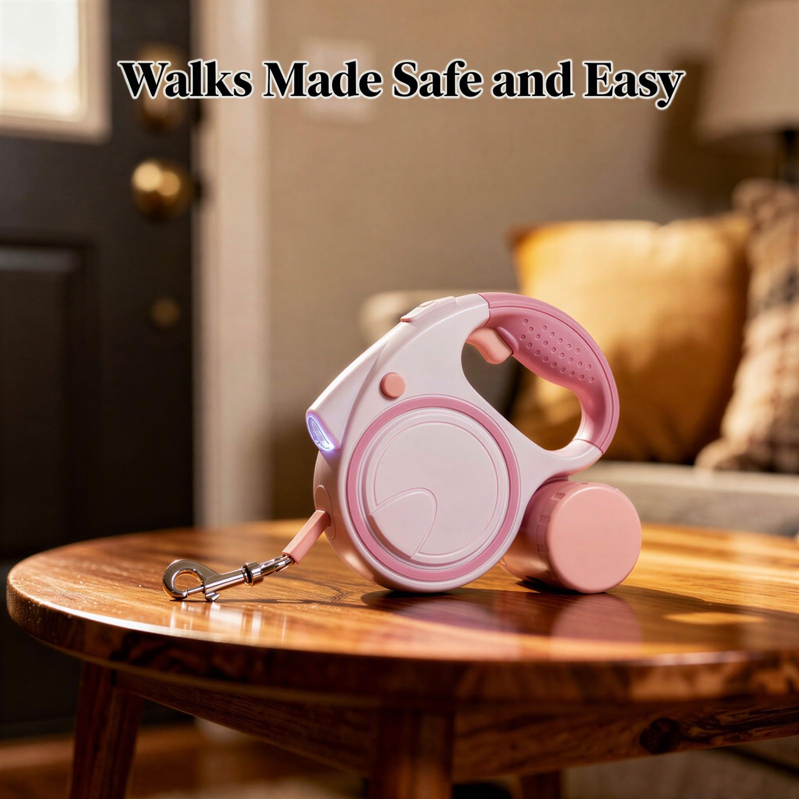 Rollleine Rosa, ausziehbare Hundeleine 16,4 ft/5 m, automatisch ausziehbar, mit LED-Licht und Beutelspender, rutschfeste Kontrolle per EIN-Knopf-Bremse, für Abendspaziergänge, ABS-Kunststoff