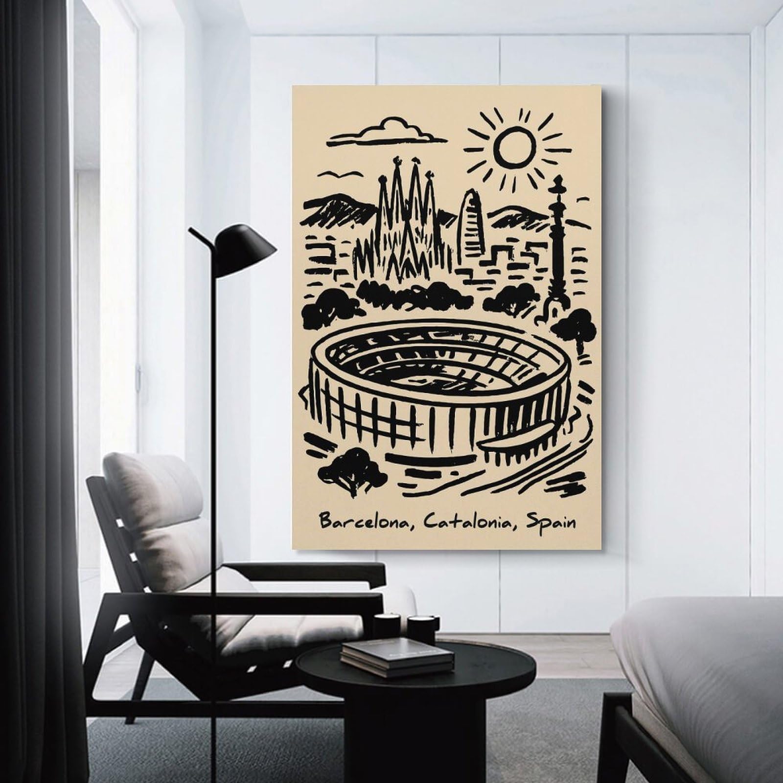 Junmoney Barcelona Skyline Sketch Wall Picture Print 08x12inch(20x30cm), for Picture Wall Styling in Lounge Or Bedroom, Ideal for Building A Coordinated Art Wall