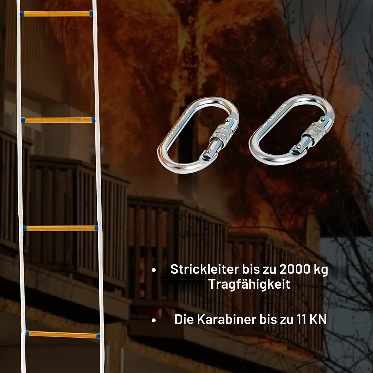 Strickleiter, Feuerfeste Rettungsseilleiter 5.2m mit Karabinern für 2-stöckiges Haus, Baumhaus, Balkon und Geländer, Tragfähigkeit bis zu 900 kg von Poweka