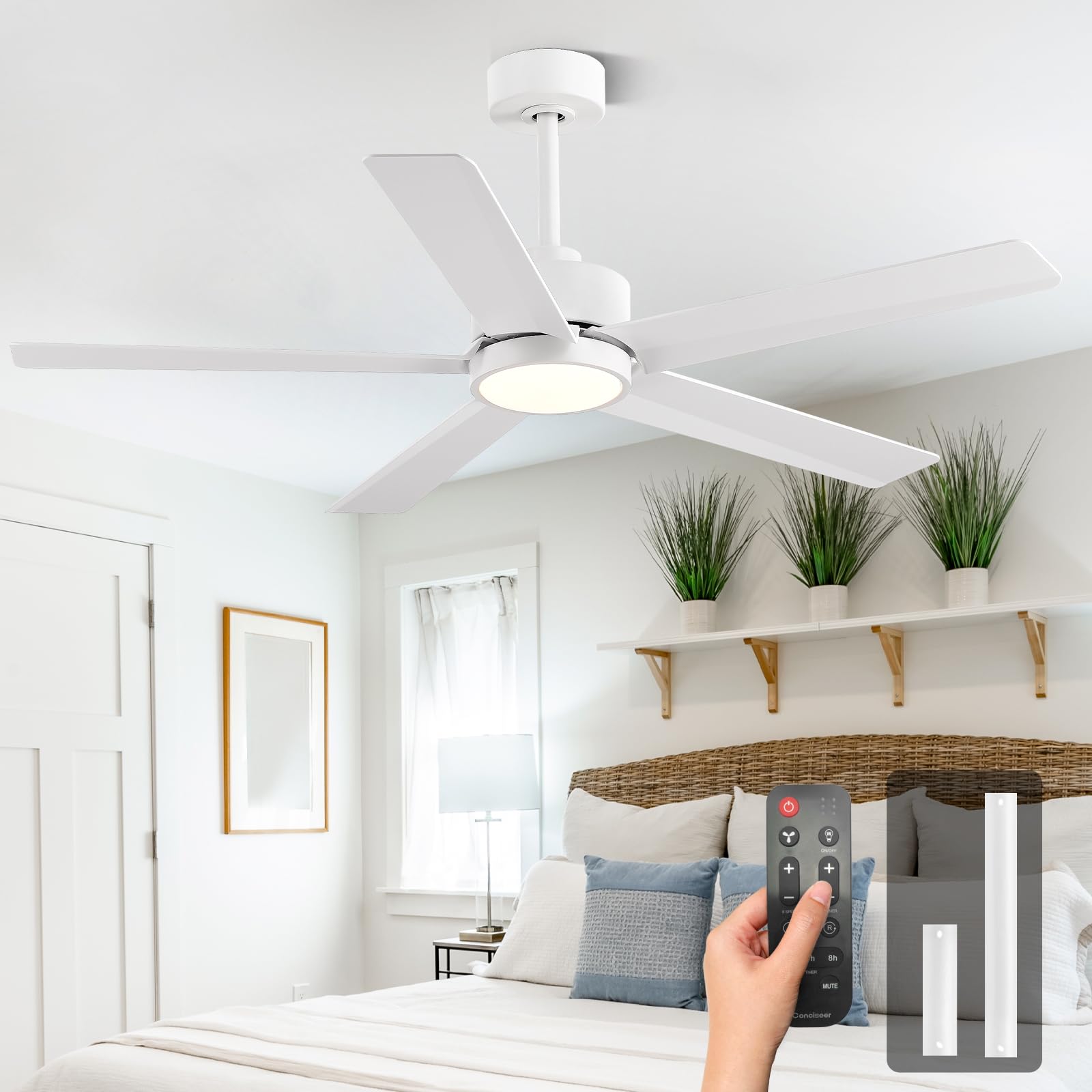 Conciseer Modern Ceiling Fans with Lights,52 Inch Ceiling Fans with Remote for Bedroom Living Room Kitchen, 18W 3CCT Dimmable，5 Blades 6 Speed Reversible Quiet DC Motor White