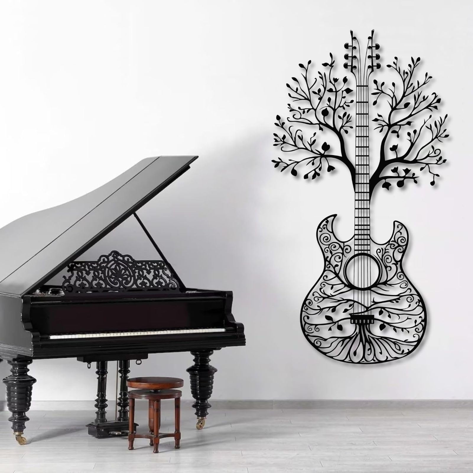 Arte murale in Metallo Nero Albero della Vita Chitarra Metal Musica Natura Studio Arte Decorazione murale Albero della Vita Chitarra Decorazione Scultura Moderna per Soggiorno Camera da Letto Corrido
