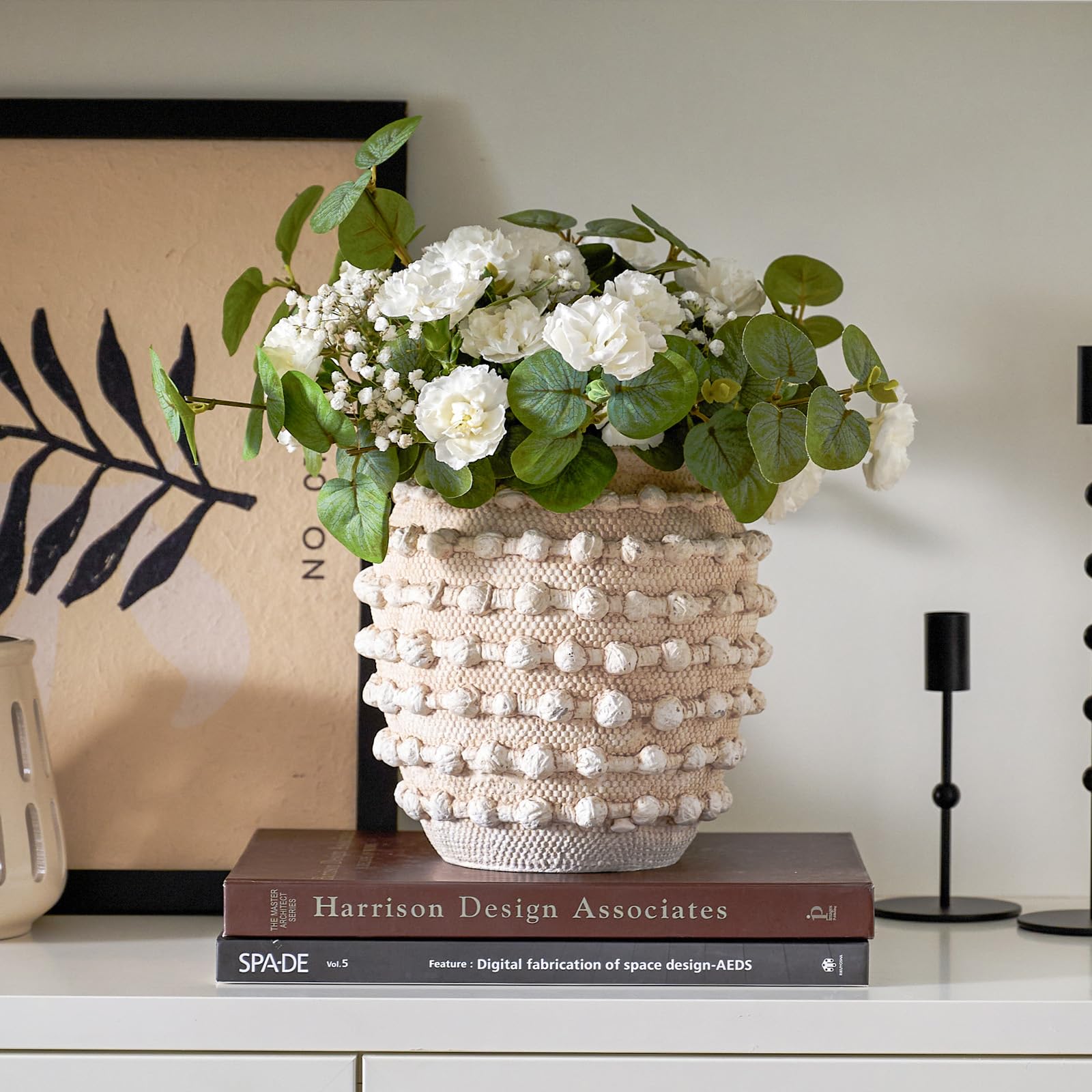 DN DECONATION Vaso da fiori in cemento beige con nodi, rustico, per erba della pampa e fiori secchi, decorazione per la casa in stile bohémien, per soggiorno, tavolino da caffè, mensola e bagno