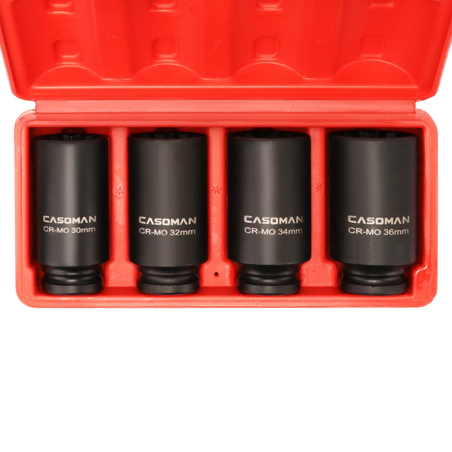 CASOMAN 1/2-Inch Drive Deep Spindle Axle Nut Impact Socket Set,12 Point, Metric, CR-MO, 30,32,34,36mm, 4-Piece 1/2" Heavy Duty Impact Socket Set