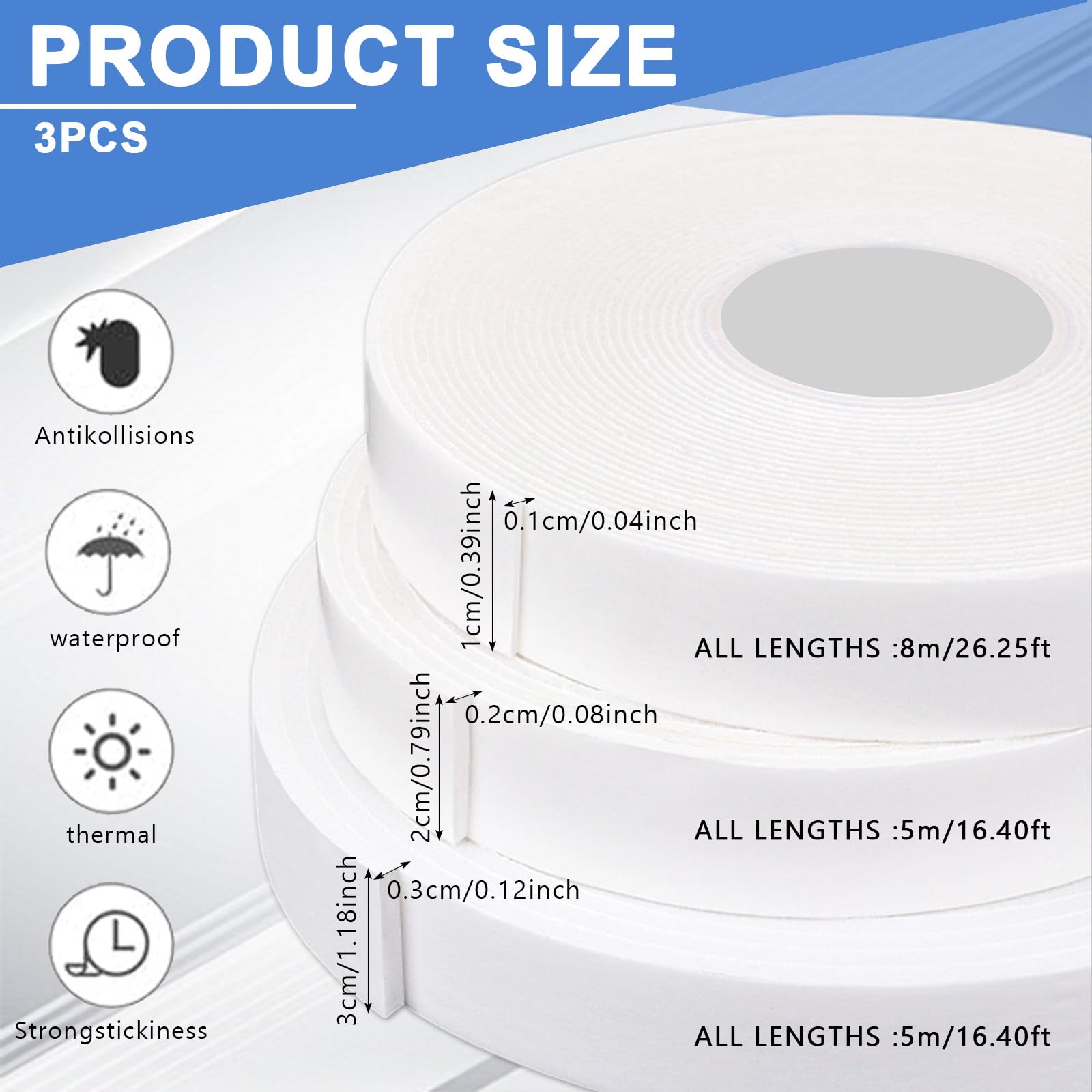 Ruban Mousse Adhésif Double Face 3 Tailles Puissant Amovible Résistant à l’Eau Fixation Industrielle pour Décoration Murs Plafonds Voiture Intérieur Extérieur