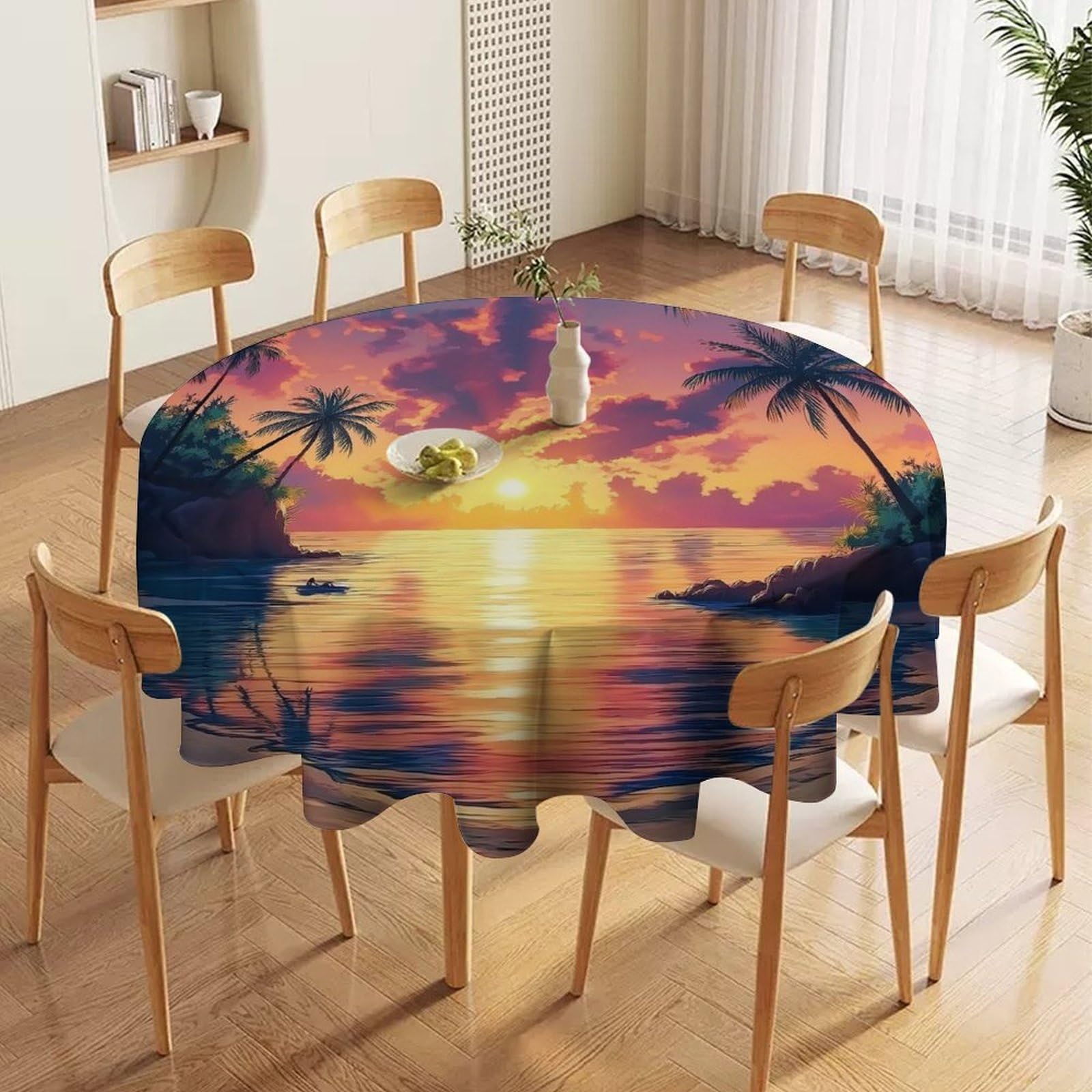 ORDOBO Round Table Cover -Sunset Sea View Fashion Tablecloth Protector 3D Print Wipeable Outdoor Table Cover For Kitchen Dining Home Decoration 127X127Cm