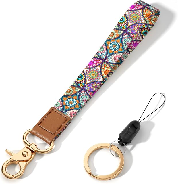 Hsxnam Wrist Lanyard Key Chain, Cute Wristlet Strap Keychain Holder for Women Car Keys Airpods ID Badges Phone, Black Flower