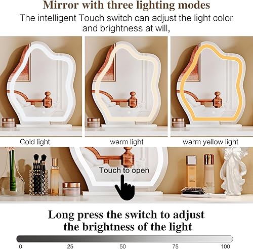 Miniatura 7 de Moderna mesa de tocador de maquillaje de esquina con espejo LED y 6 cajones espaciosos, tocador retráctil para armario, escritorio de escritura,