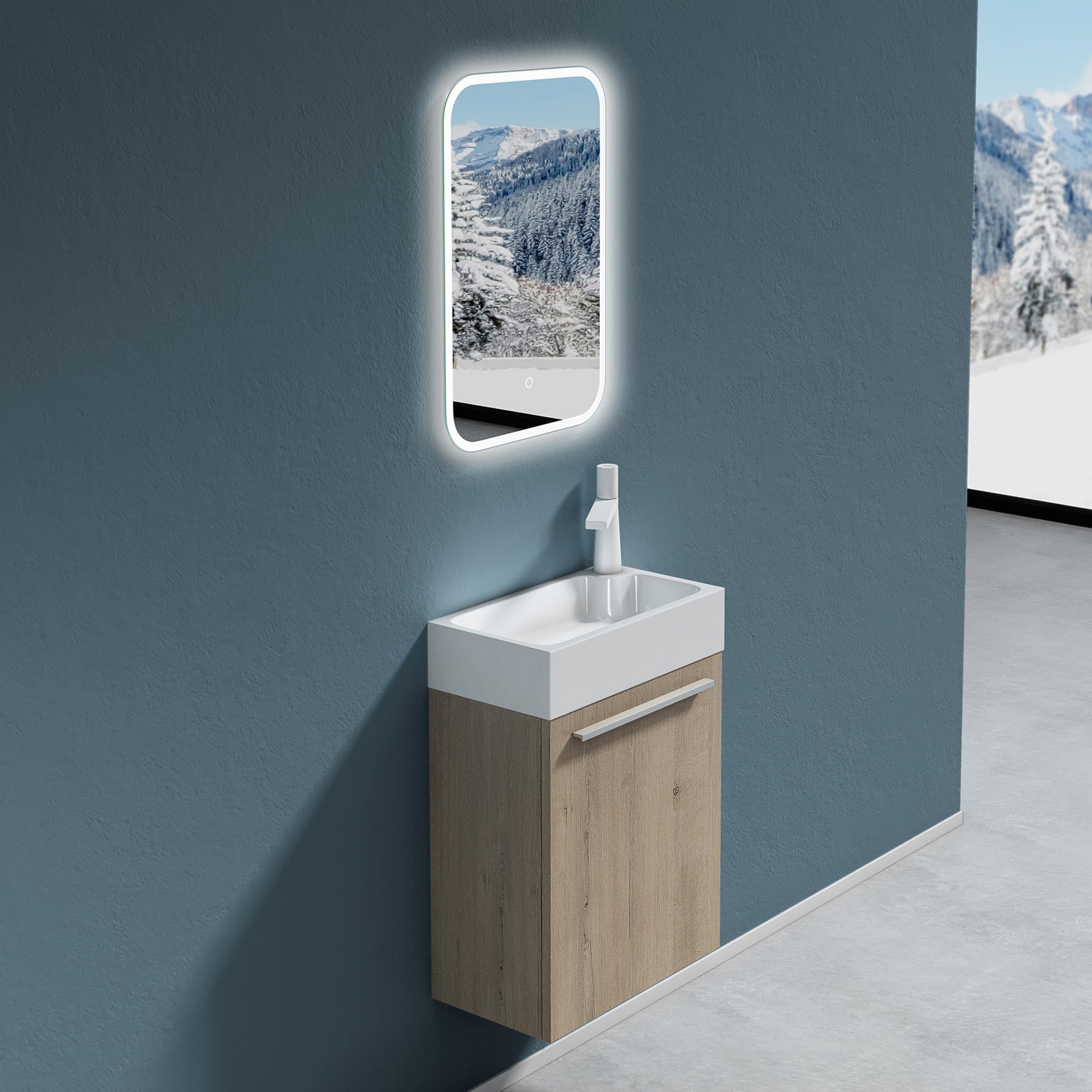 doporro Badezimmer-Set Waschplatz Badmöbel-Set Gäste WC Waschbecken Waschtisch mit Unterschrank in Eiche Greige Waschbeckenunterschrank 46x26x63cm Pisa