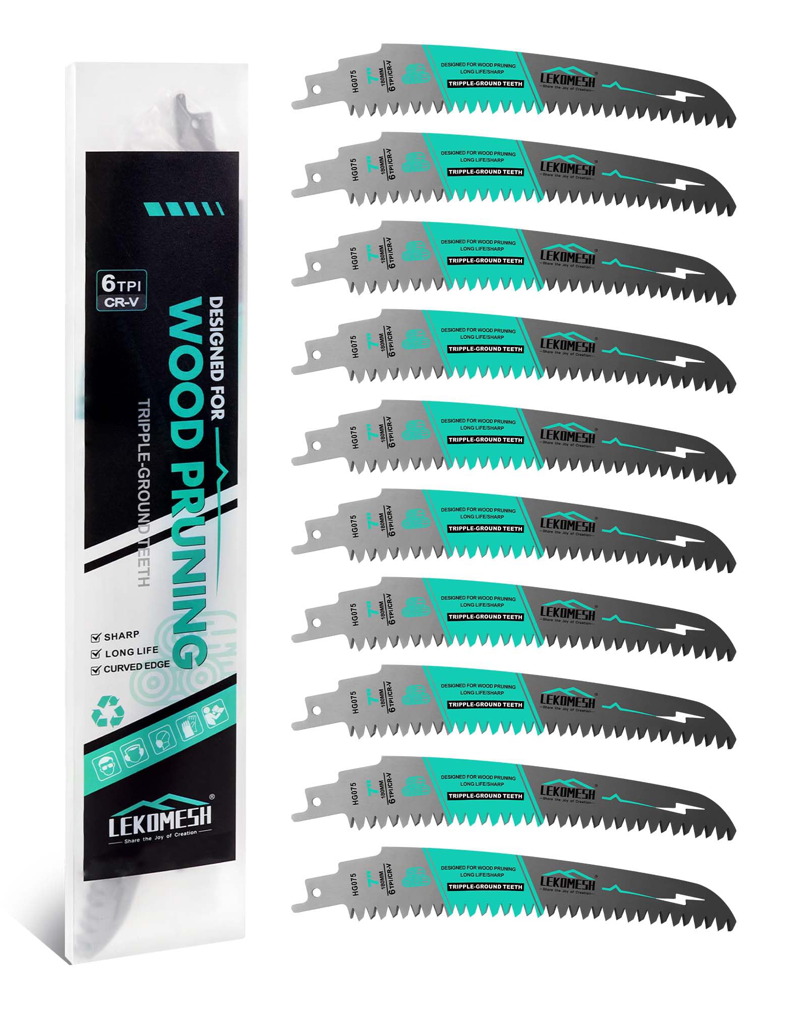 LEKOMESH 180MM Japanese Teeth Reciprocating Saw Blades Wood Pruning - 10pcs Curved Edge 6TPI for Tree Trimming, Wood/PVC Pipe Cutting, Cr-V Sabre Blades Better Wear Resistance