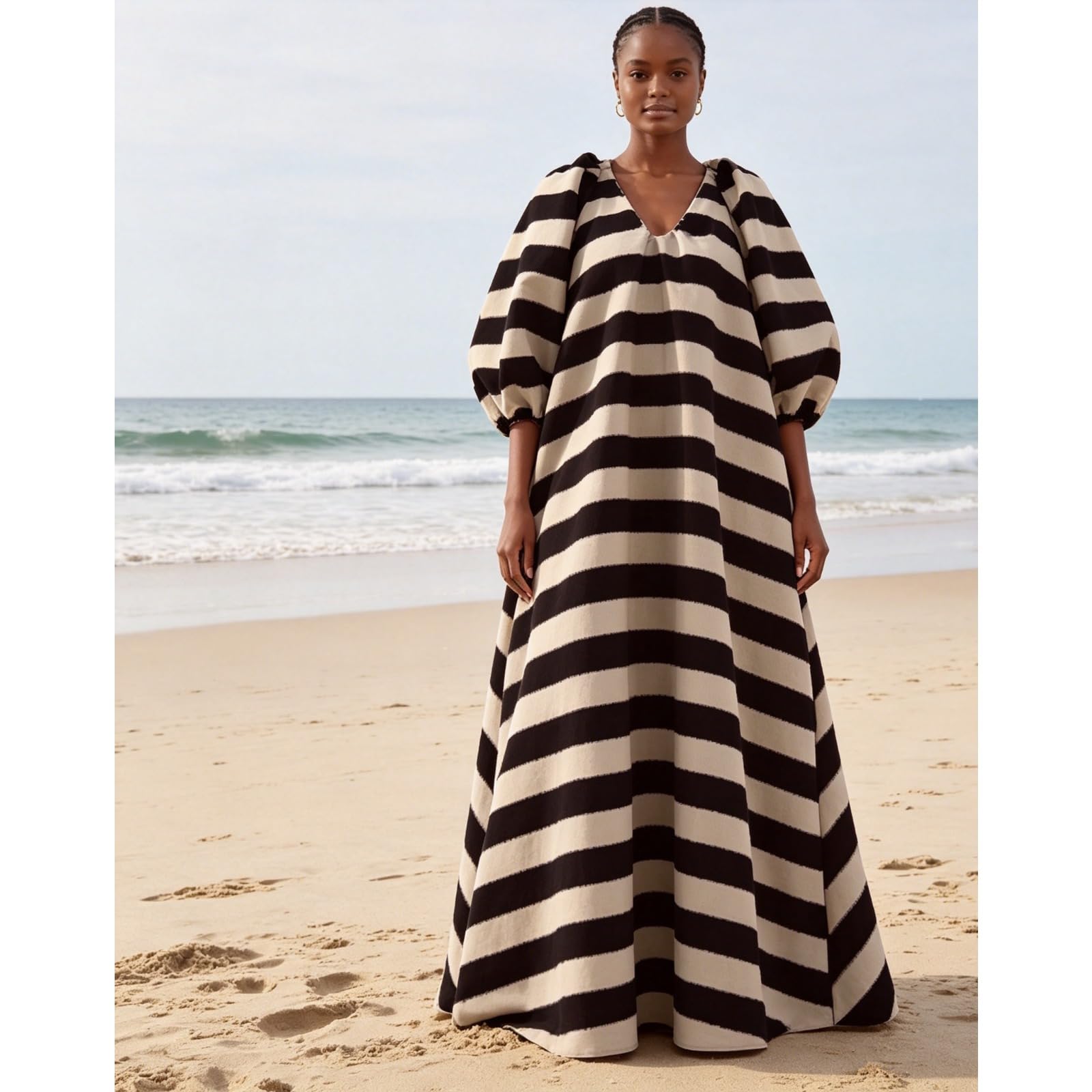Maxi abito da donna a maniche a sbuffo a righe casual con stampa a mezza manica abito lungo con tasche