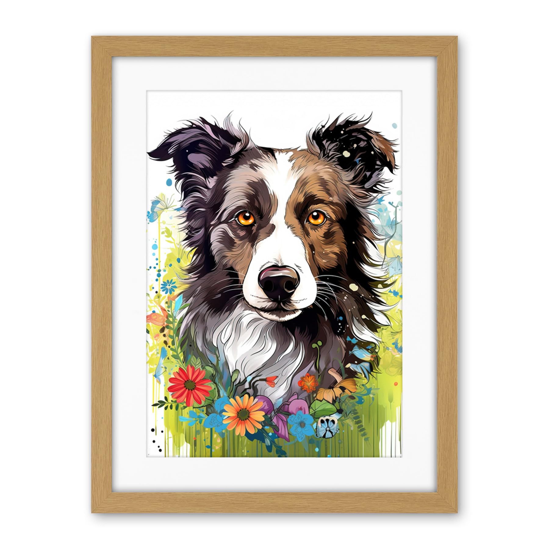 Artery8 Border Collie Dog Bright Watercolour Painting Floral Portrait with Wildflowers and Butterflies Artwork Framed Wall Art Print 18X24 Inch