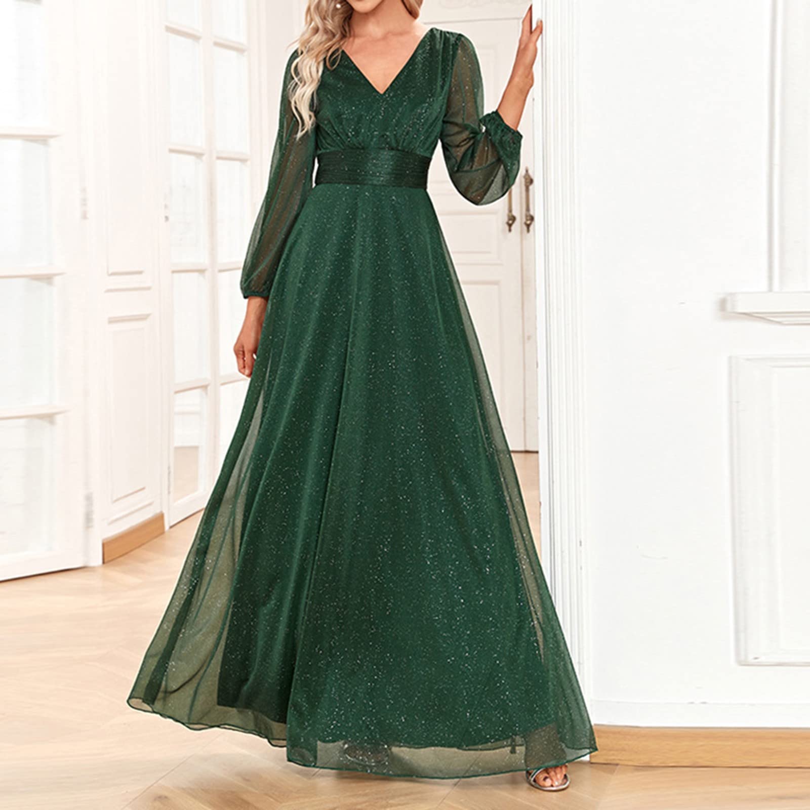 Vestido de noche para mujer, cuello en V, lentejuelas, manga larga, línea A, elegante, de gasa, vestido de fiesta, vestido de cóctel, vestido de otoño, corte ajustado, con cinturón, vestido de baile,