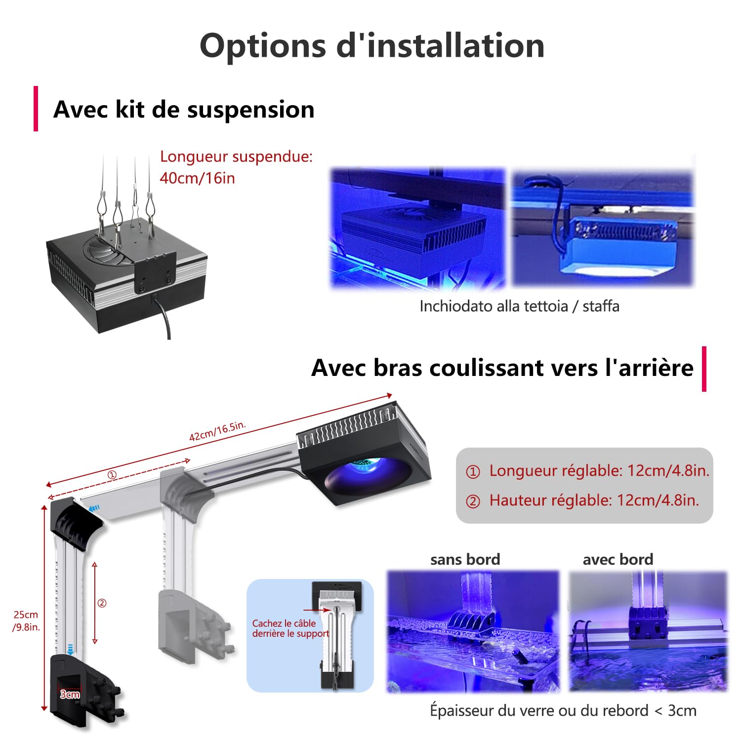 PopBloom RL115 WiFi Éclairage LED Pour Aquarium Récifal 120W, APP Programme Rampe LED Aquarium Eau de Mer Spectre Complet pour Aquarium de Corail, L'APP prend en charge le français