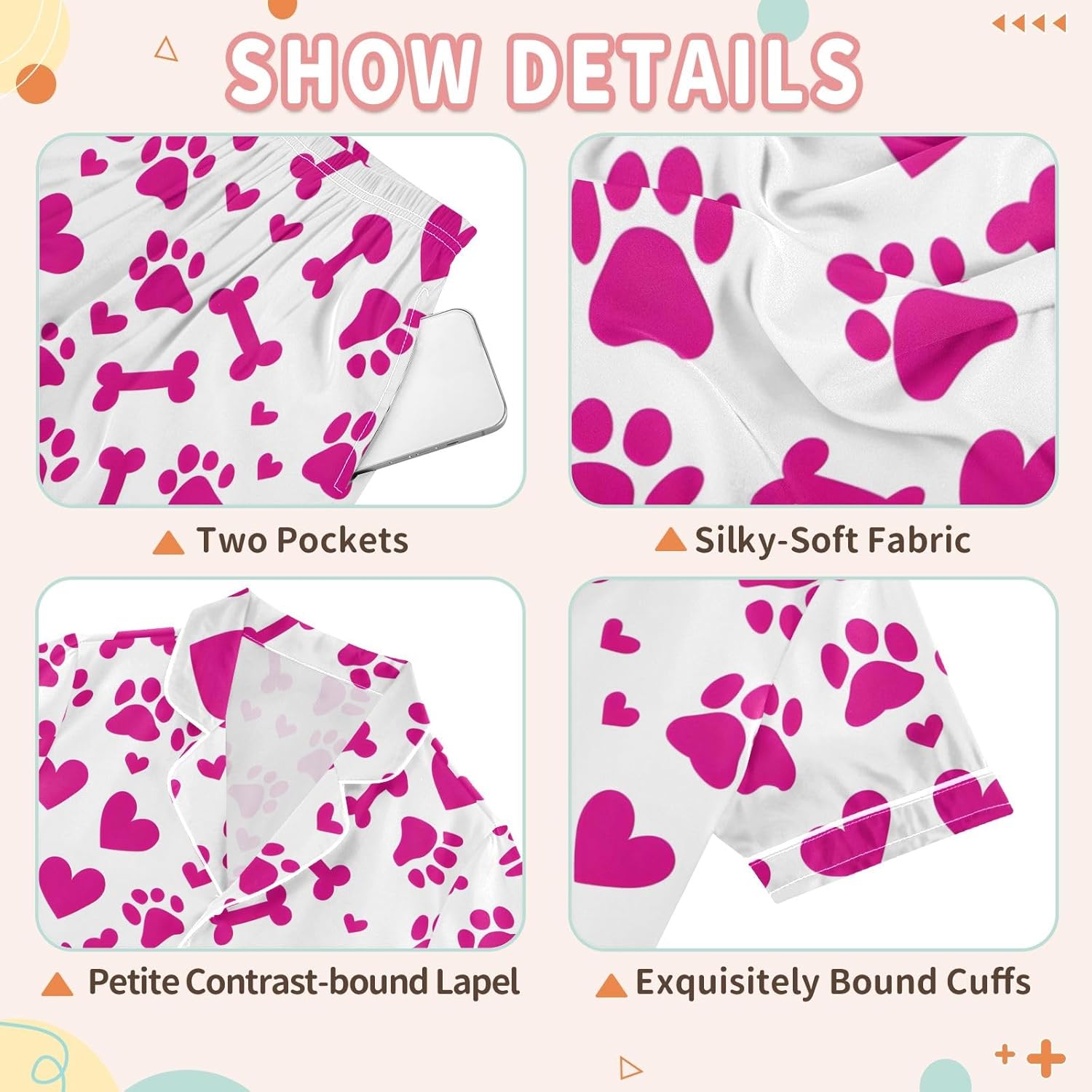 Kids Satin Wear Set Heart Paw Bone Stroke Pink Pattern Relaxed Fit Clothing Short Sleeve and Shorts