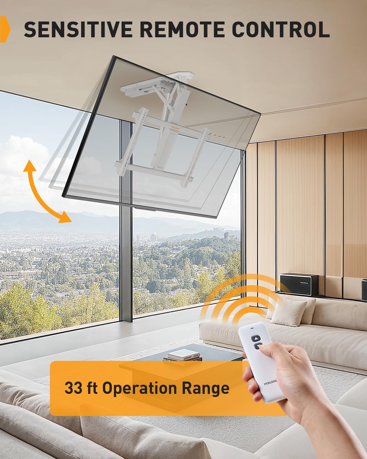 Perlegear Soporte eléctrico de techo para TV con control remoto para televisores de pantalla plana y curvada de 31.3 a 177.8 cm de hasta 88 libras, VESA máximo 600 x 400, soporte de techo motorizado