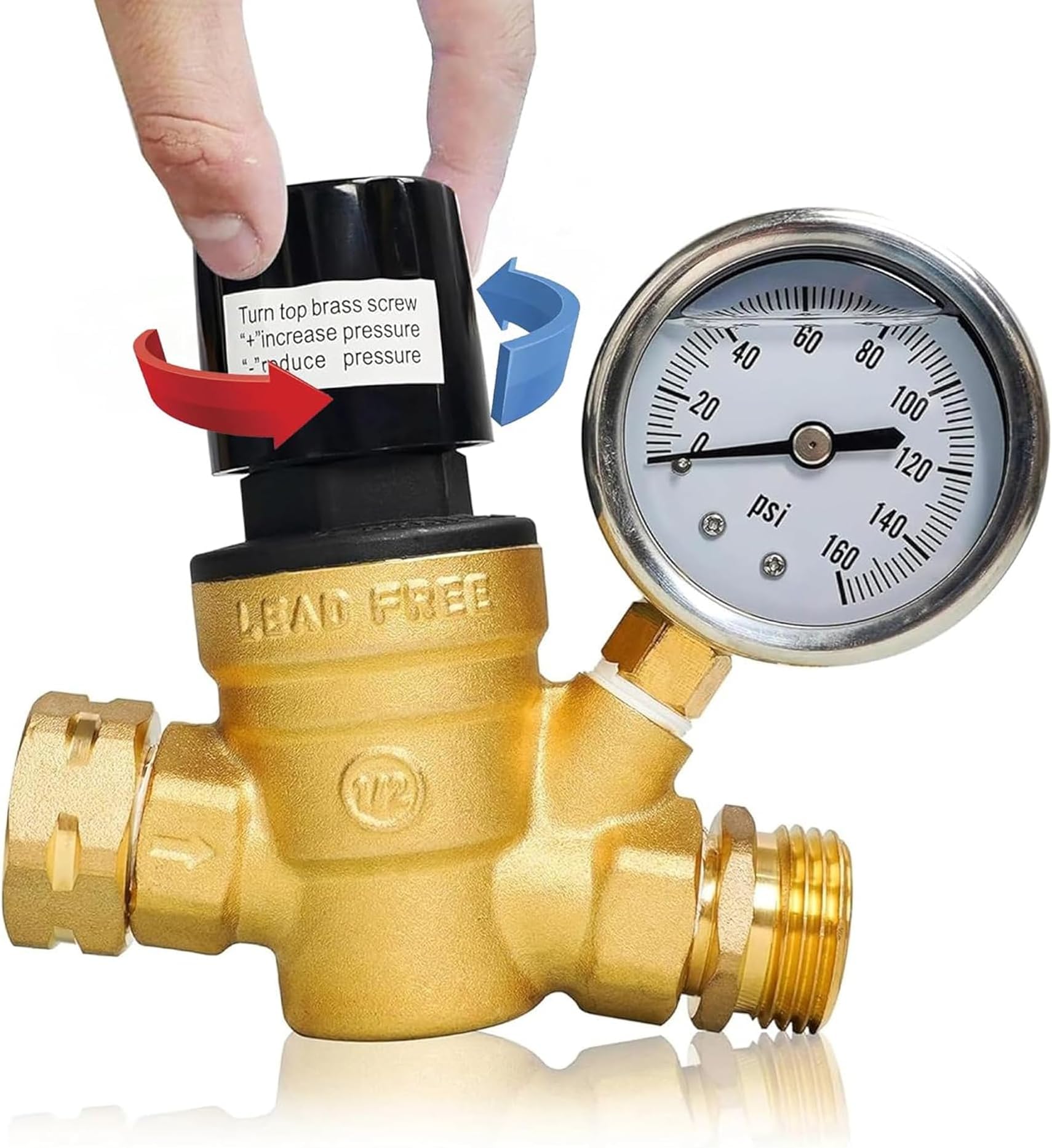 RV Water Pressure Regulator, Adjustable Handle Brass Water Pressure Regulator, Water Pressure Reducer with Gauge and Inlet Screened Filter for RV Camper Travel Trailer