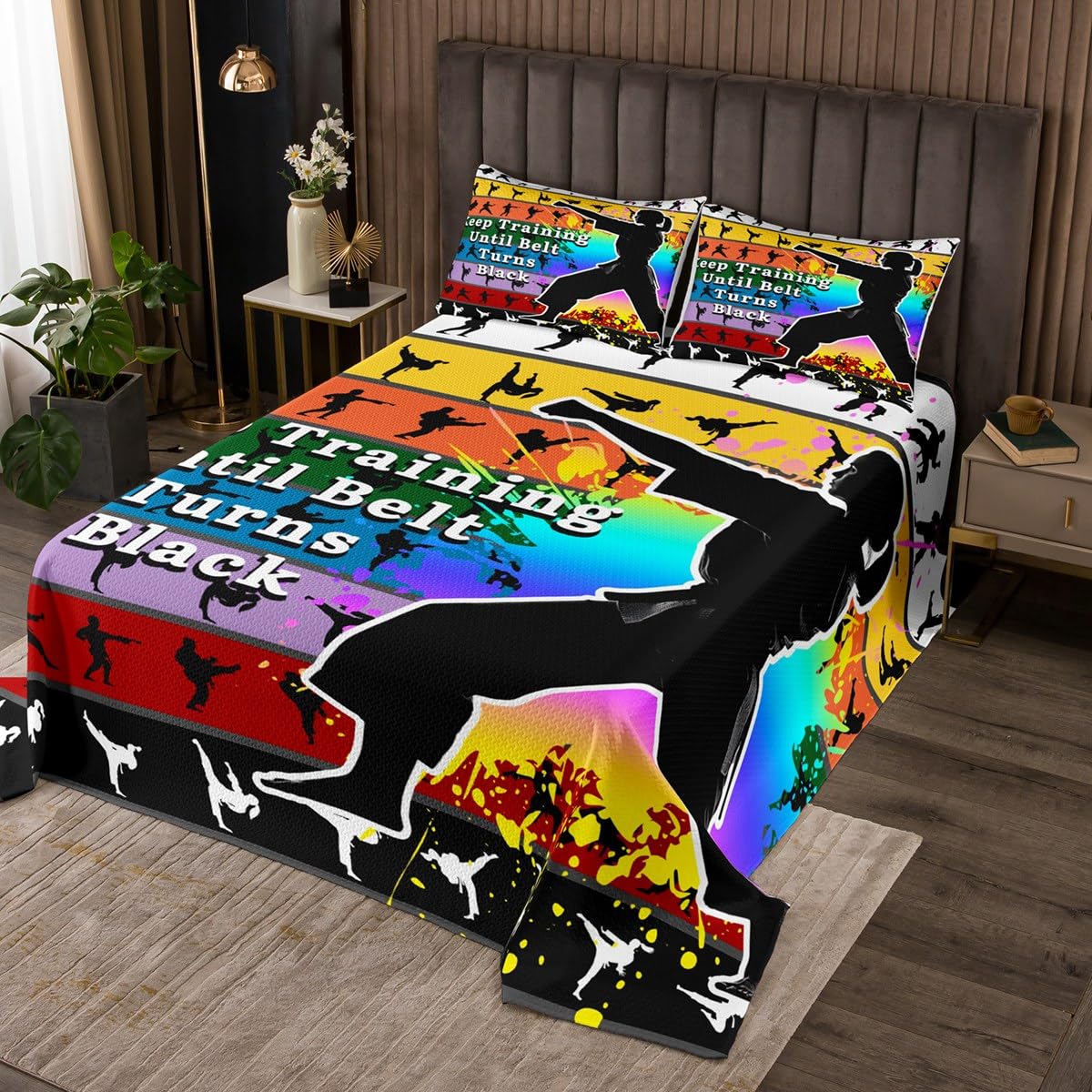 Erosebridal King Size 3 Pieces Karate Kungfu Coverlet Set, Taekwondo Player Silhouette Quilts Racer Training Bedspread Sets with 2 Pillowcases for Teenager Kids Boys Graffiti Colorful Bed Set