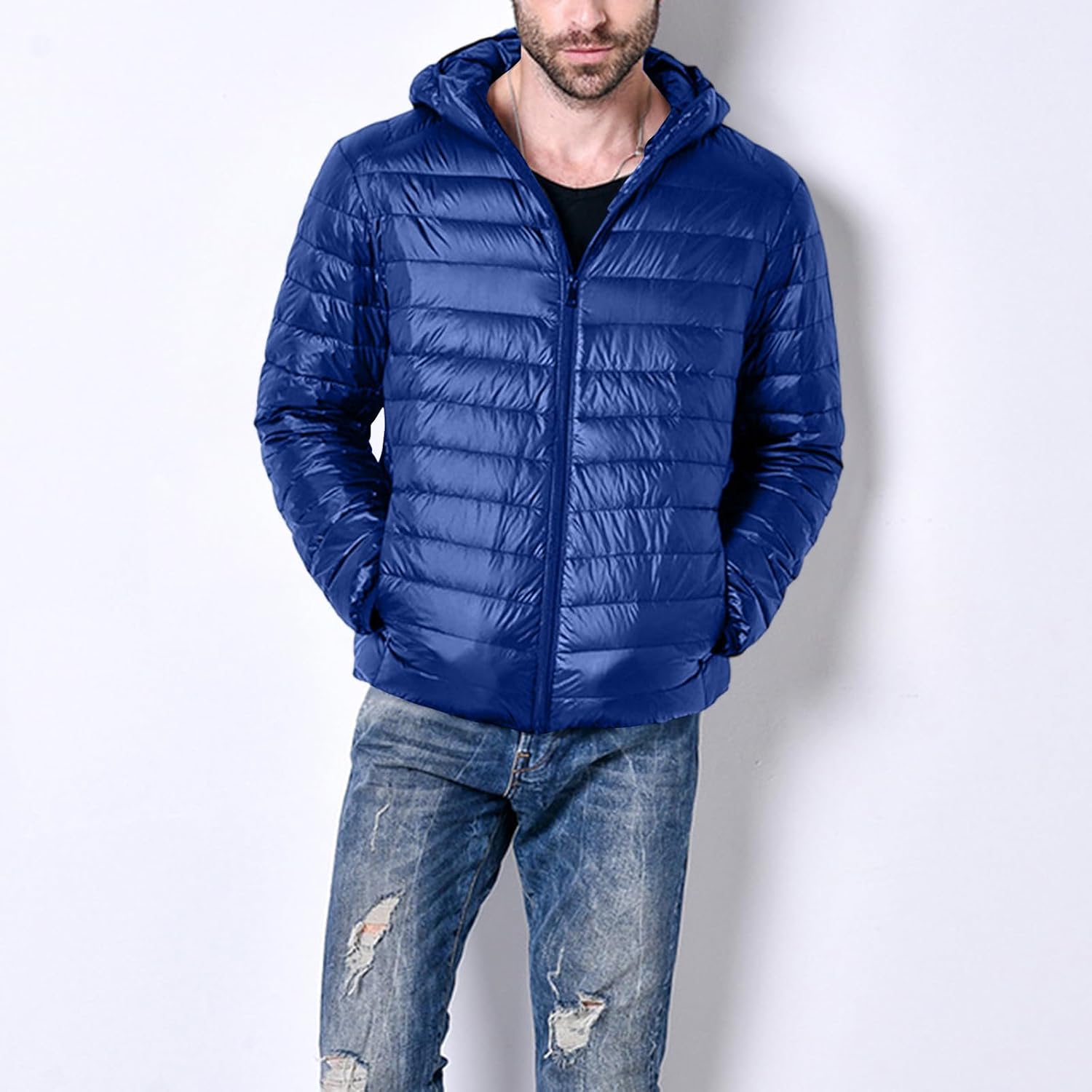 Ymosrh Men's Puffer Jackets Lightweight Hooded Insulated Winter Down Alternative Quilted Coat for Outdoor Hiking, M-3XL