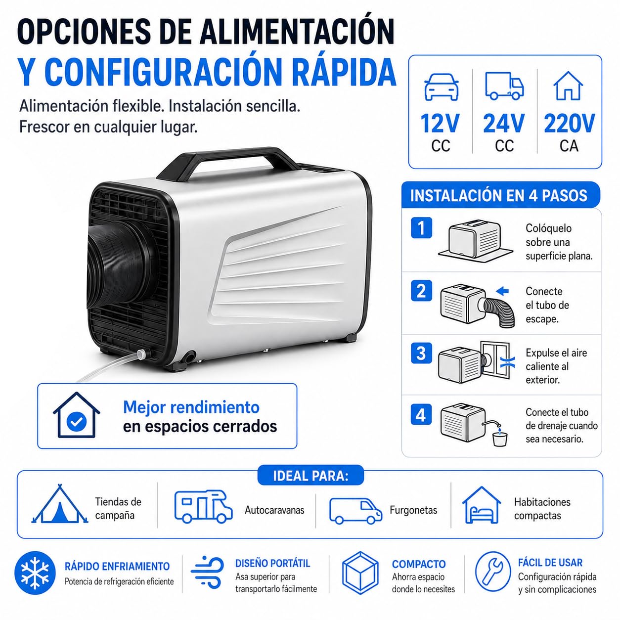 Aire Acondicionado Portatil 12V 24V para Caravana y Camping, 5200 BTU, 4 Modos Frío/Ventilador/Deshumidificación/Sueño, Temporizador 24h, Mando, para Casa, Coche, Camper y Viajes Cortos Silver-220V