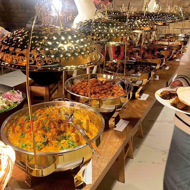Scaldavivande da buffet in acciaio inox con server appesi per eventi e feste