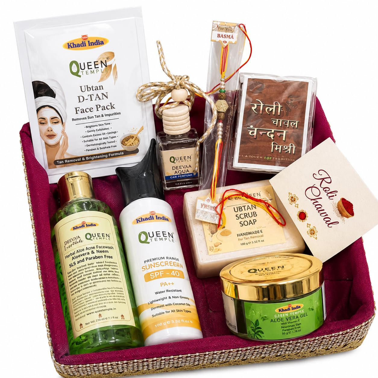 Rakhi Gift Box By Queen Temple | 8 in 1 Complete Raksha Bandhan Hamper with Face Wash, Sunscreen, Aloe Vera Gel, Ubtan Face Pack, Ubtun Goat Milk Soap, Car Perfume & Rakhi Set-image-49