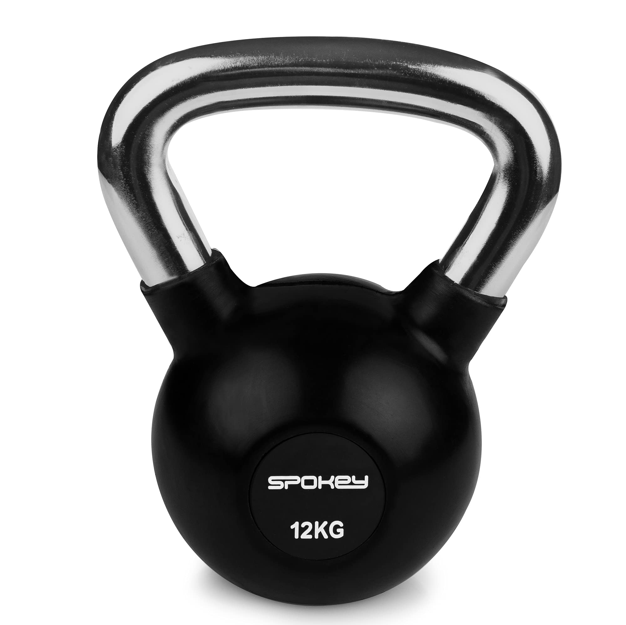 Spokey SCALES LUX hantle kettlebell profesjonalne, żeliwo pokryte gumą, 12 kg z chromowanym uchwytem, czarne odważniki kettlebell, profesjonalne hantle do treningu siłowego