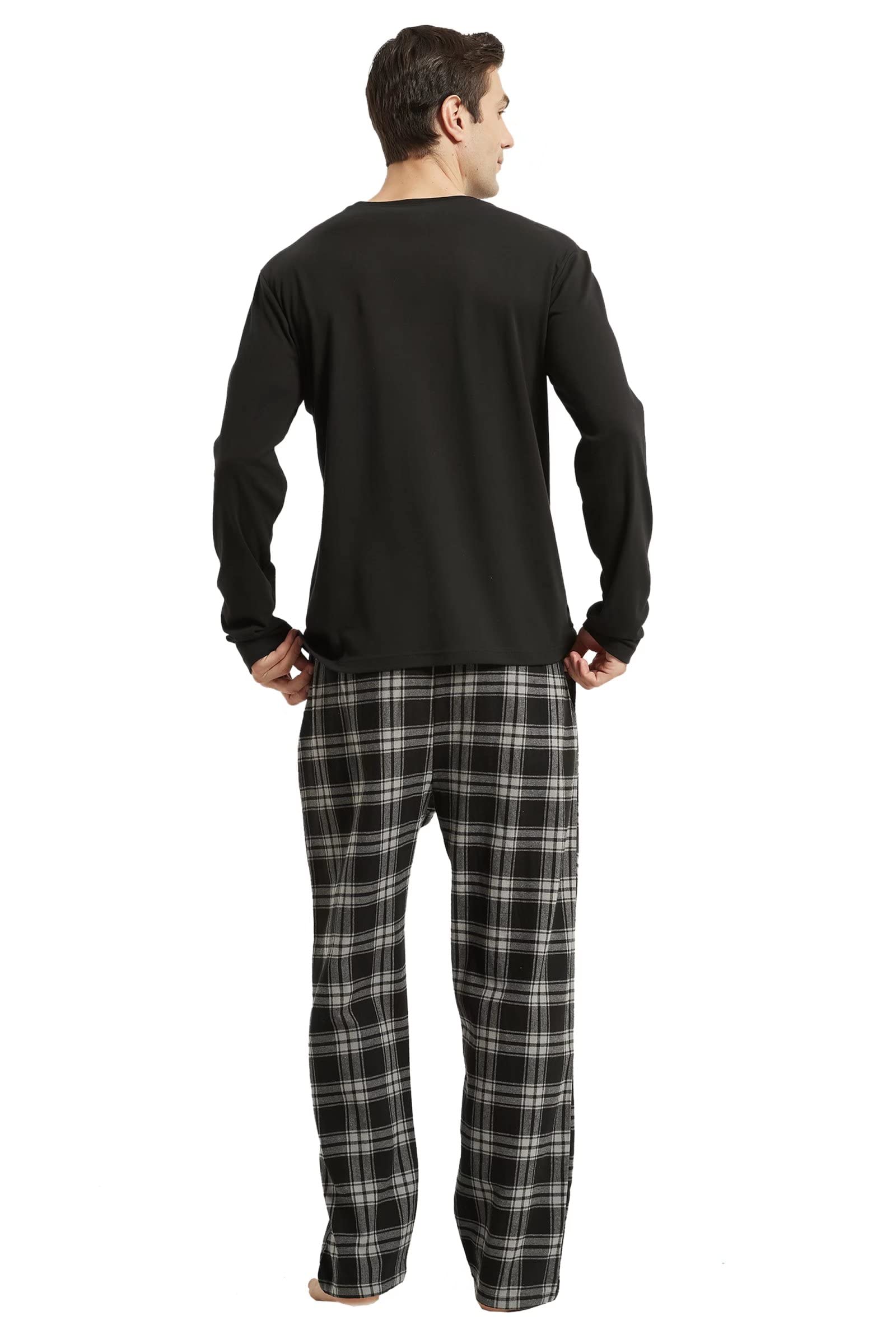 Amaxer Pigiama Uomo Cotone Lungo di Flanella Set da Notte Top a Manica Lunga con Tasche Pantaloni con Coulisse