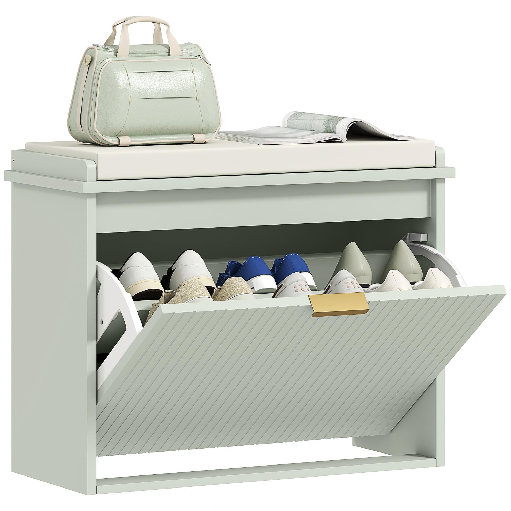 Homcom Green Shoe Storage Bench With Cushion And Flip-Drawer 62X26x47.5cm - Mdf, Particleboard, Polyester, Sponge - 1