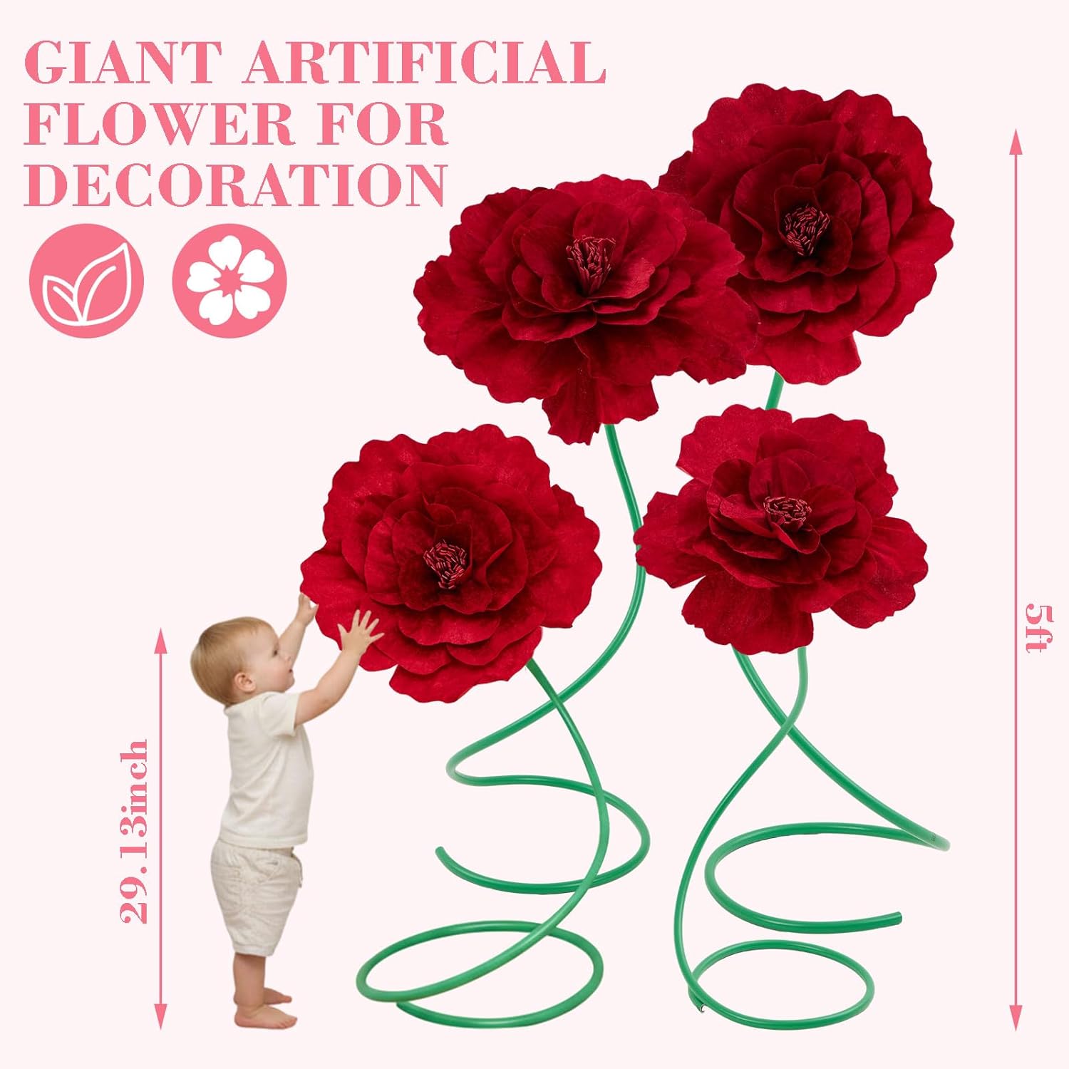 4 Pcs 5 ft Large Rose Flowers Giant Artificial Roses Valentine Standing Huge Handcrafted Flowers for Window Reception Banquet Ceremony Floral Decor Garden Hotel Office Birthday Wedding Party