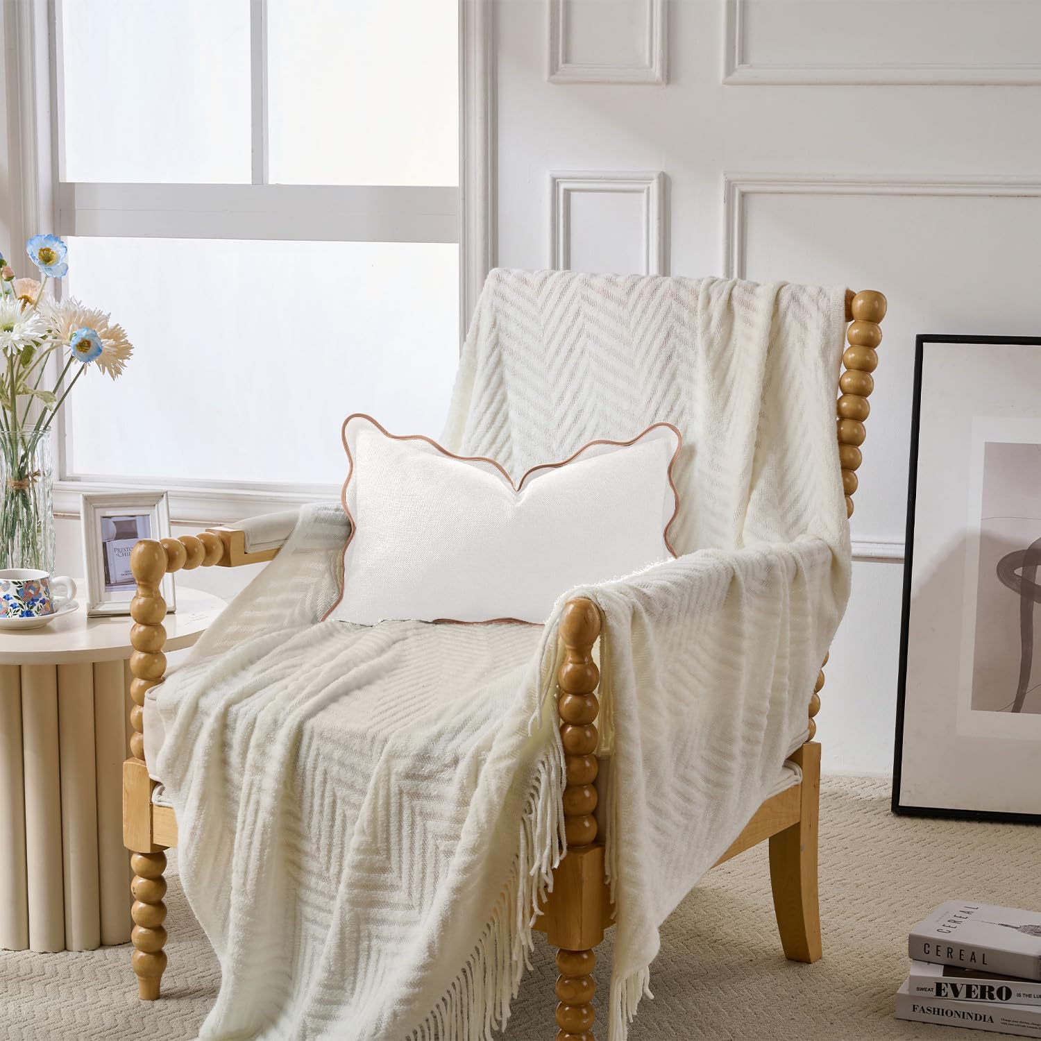 Scalloped Pillow Covers Set of 2 for Living Room | Spring Decorative Sofa Couch Lumbar Pillows | Boho Sytle Decorative Home | Aesthetic Funky Preppy Pillow Cases (Beige & Brown, 12x20 Inch) - Image 4