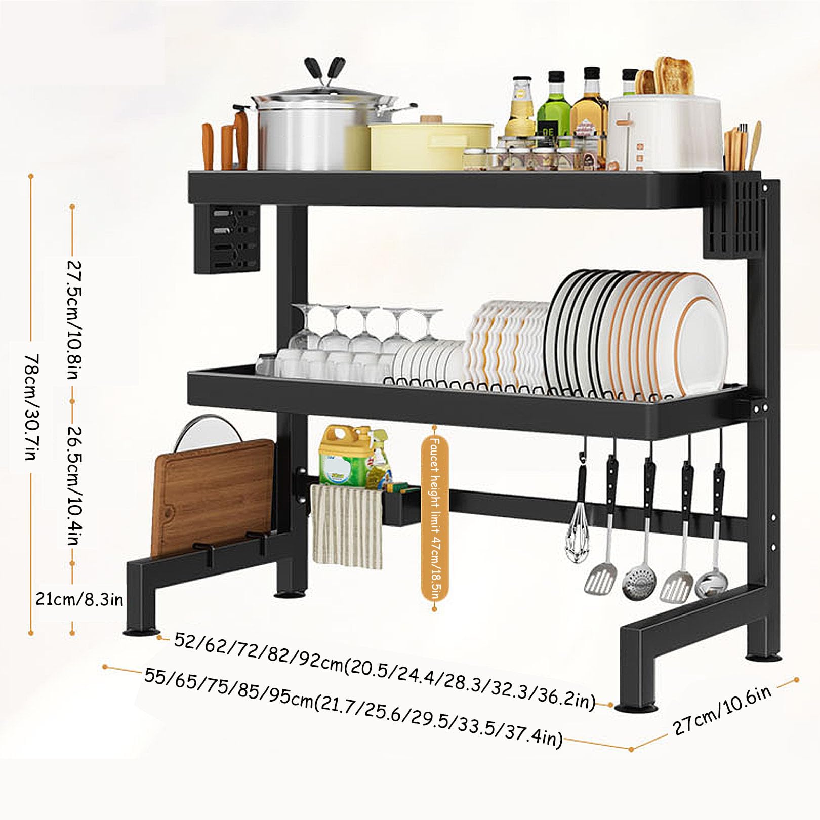 Escurridor de platos negro sobre el fregadero con soporte para utensilios, escurridor de encimera de cocina que ahorra espacio para platos, vasos y utensilios, elegante diseño negro, acero
