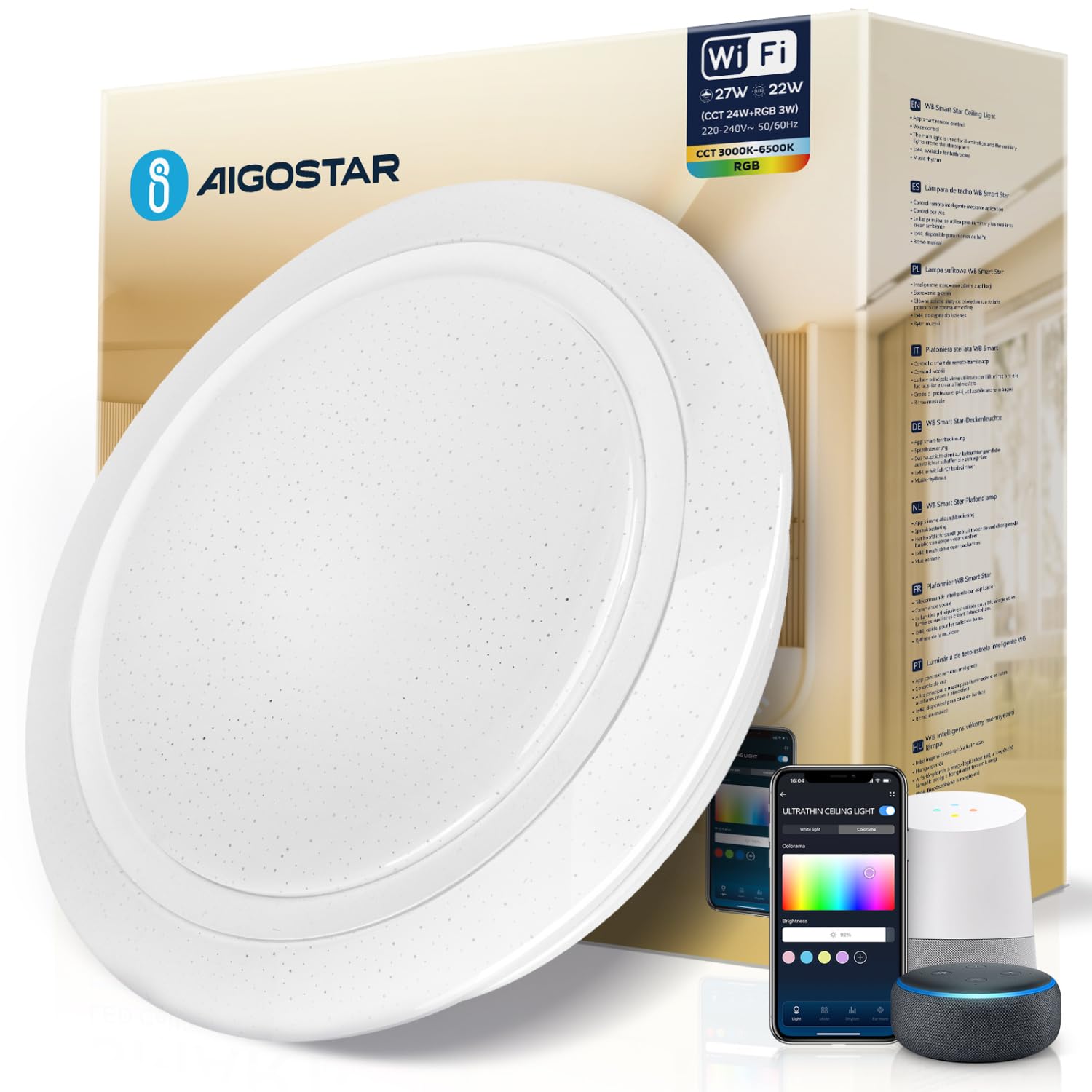 Aigostar Plafon LED Techo Alexa, 27W, 2760LM, 3000K-6500K, IP44, Plafón LED Inteligente Compatible con Alexa y Google Home, Lampara Techo Regulable para Salón/Dormitorio/Cocina/Comedor/Baño, Φ40CM