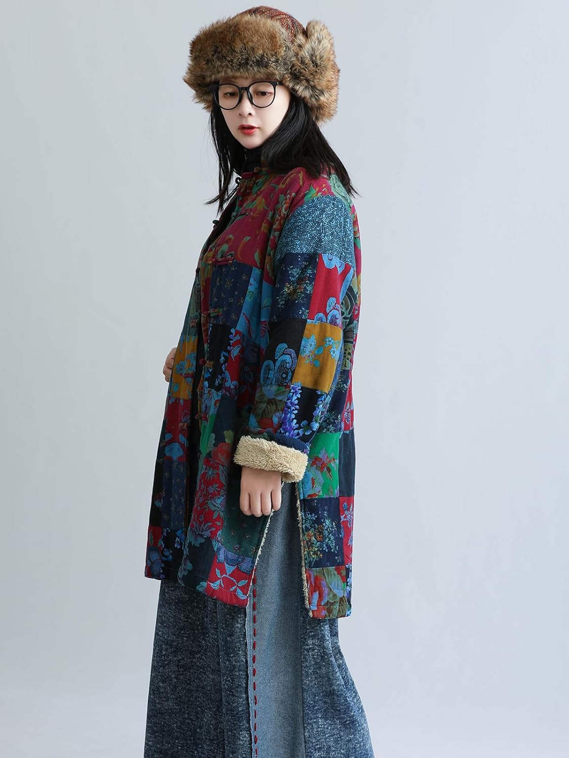 LUZU JUNU Women's Trench Coat Floral Print Long Cotton Linen Jacke Cottagecore Clothing Patchwork Outwear Bohemian unique(US, Alpha, One Size, Regular, Regular, BlueJacket Plush)