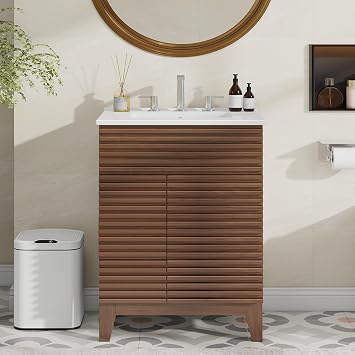 Vabches Bathroom Vanity with Sink Combo, Mid-Century Bathroom Cabinet with 3 Storage Drawers, Freestanding Storage Cabinet with Soft Closing Door, Vintage Sink Vanity with Wood Grain Laminate, Walnut