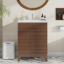 Halitaa Mid-Century Walnut Bathroom Vanity with Sink Combo, Freestanding Cabinet with 3 Storage Drawers and Soft Closing Door, Vintage Wood Grain Laminate Bathroom Sink Vanity