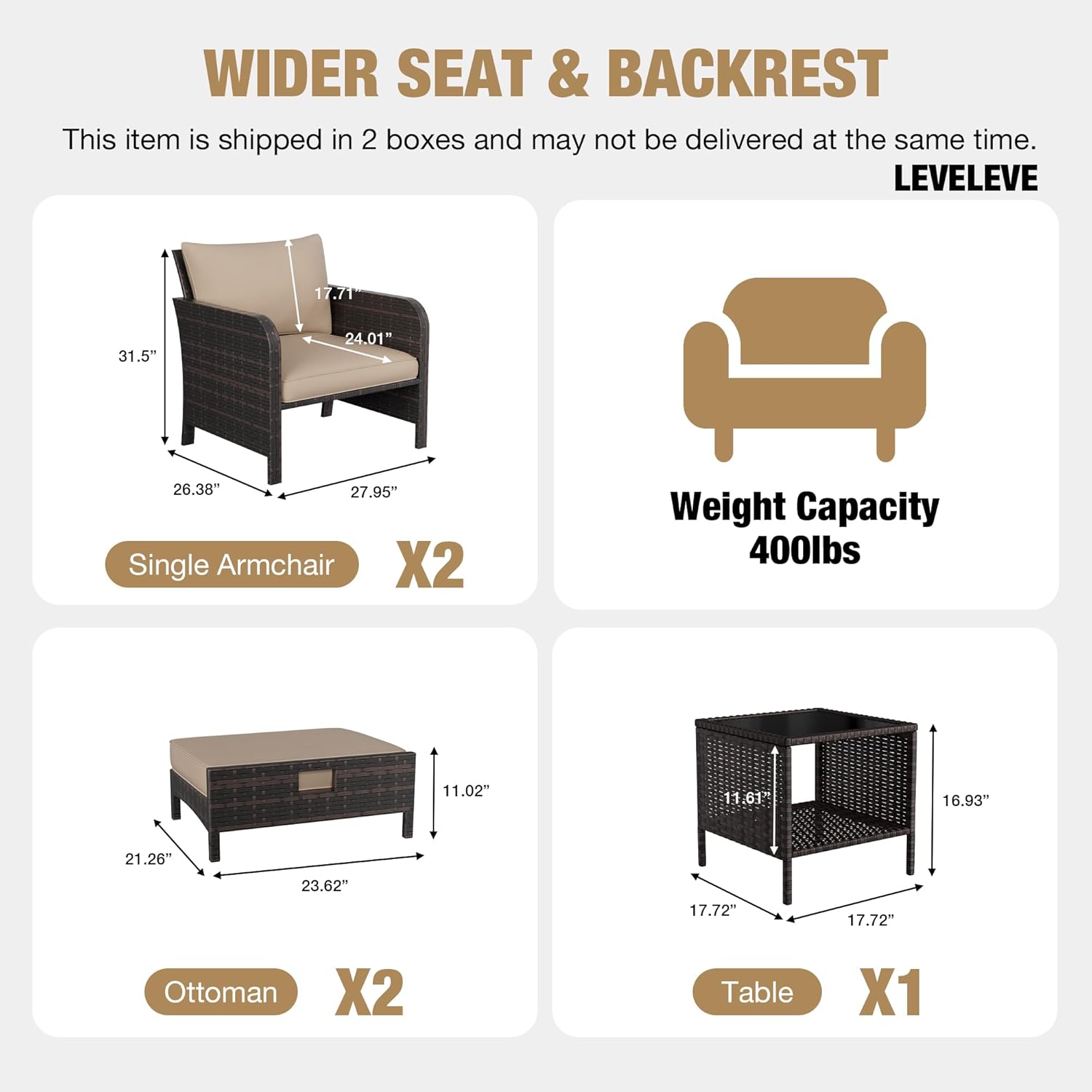 LEVELEVE Patio Conversation Set 5 Piece, Balcony Furniture Outdoor PE Rattan Wicker Lounge Chairs with Soft Cushions, 2 Ottomans & Glass Table for Porch Lawn, Brown (Khaki Cushions