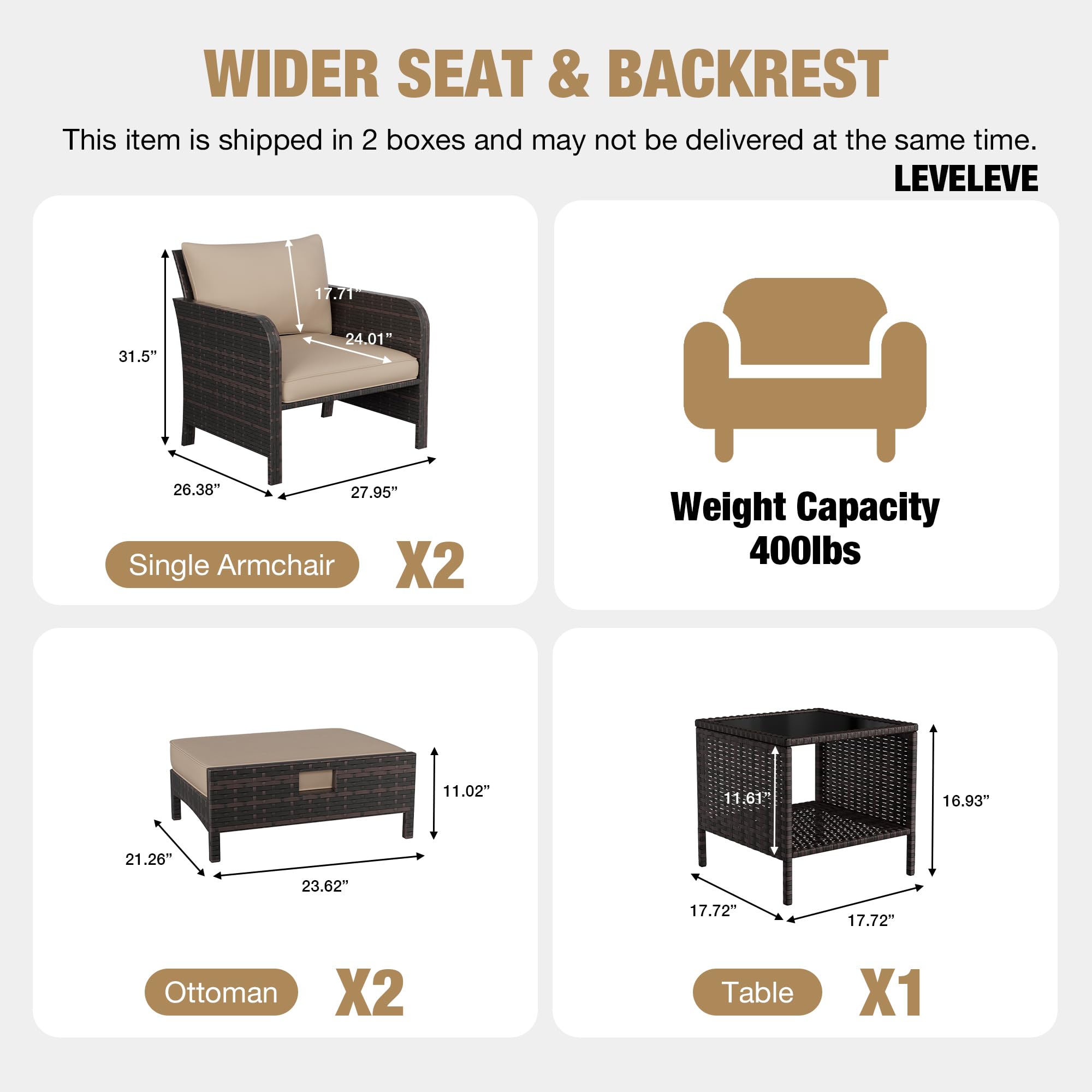 LEVELEVE Patio Conversation Set 5 Piece, Balcony Furniture Outdoor PE Rattan Wicker Lounge Chairs with Soft Cushions, 2 Ottomans & Glass Table for Porch Lawn, Brown (Khaki Cushions — view 2