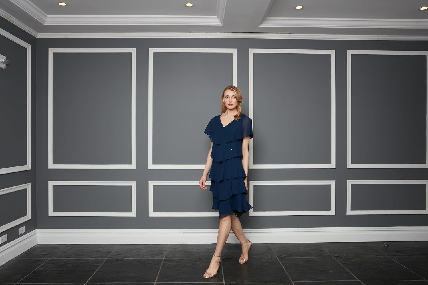 S.L. Fashions Womens Short Sleeve Tiered Chiffon Cocktail Dress, Wedding Guest Gown (Petite and Regular Sizes) - Image 3