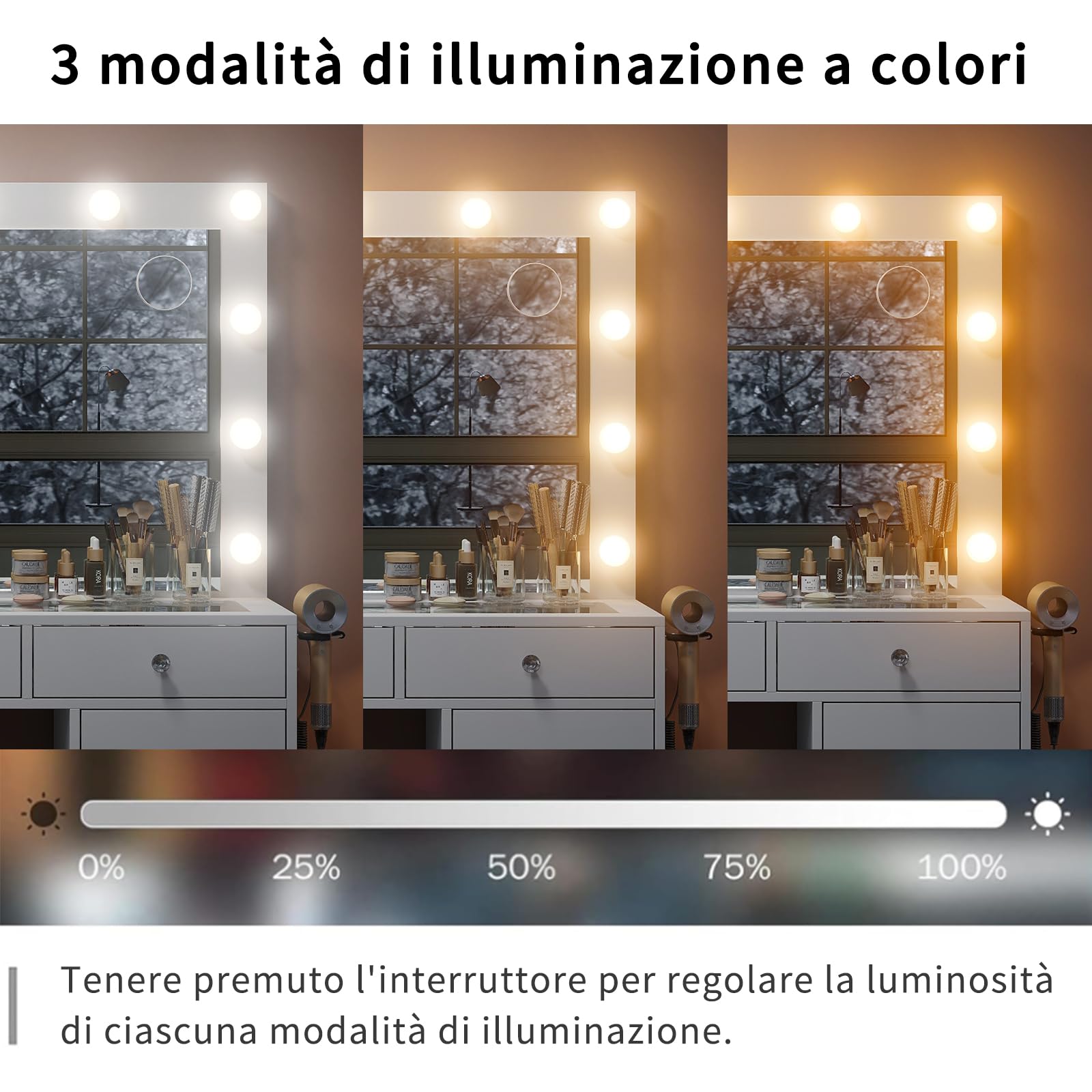 Yanosaku Tavolo Toeletta con Specchio e 12 Luci LED, Vanity con 9 Cassetti e Pannello Ribaltabile, Porte USB, Prese, Sedia Inclusa, 3 Modalità di Illuminazione Regolabile, Bianco