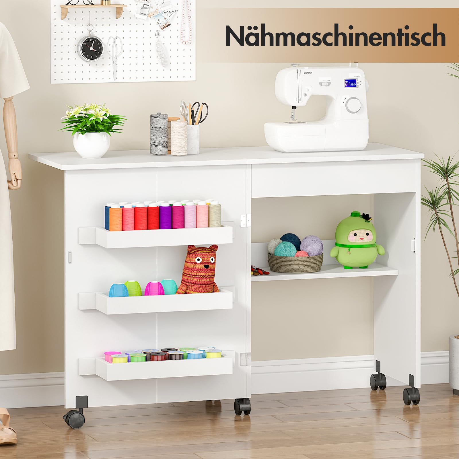 Nähtisch Klappbar & 2-in-1 Nähmaschinentisch – Mobiler Nähmaschinenschrank mit Rollen, 4 Ablagefächern & Schublade – Multifunktionaler Basteltisch & Schreibtisch für Wohnzimmer & Arbeitszimmer