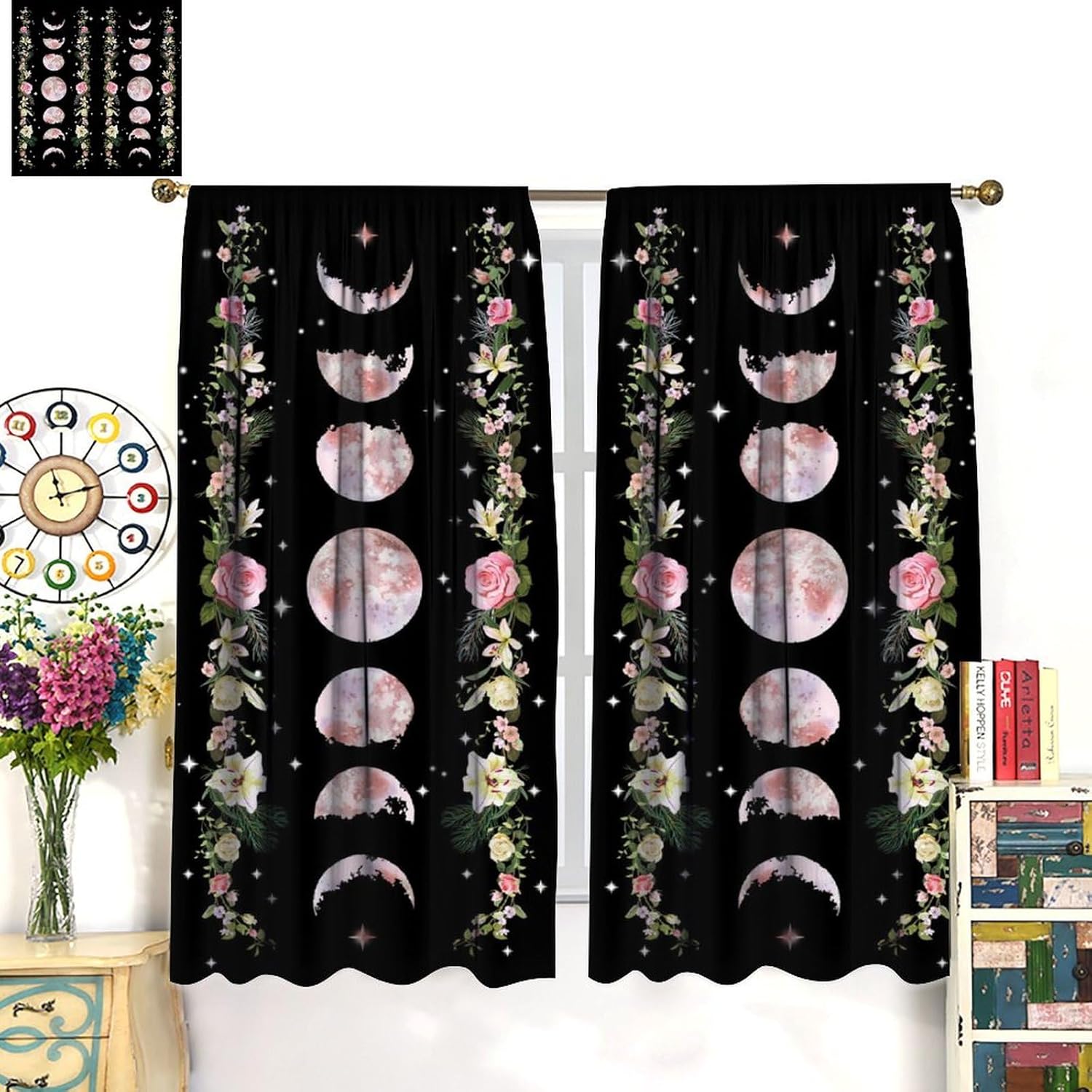 Boho Floral Moon Curtains Flower Wildflower Rod Pocket Pink Moon Phase Moonlit Garden Witchy Gothic Aesthetic Spring Nature Window Treatment Drapes Set for Bedroom Living Room Decor 42x45 Inch