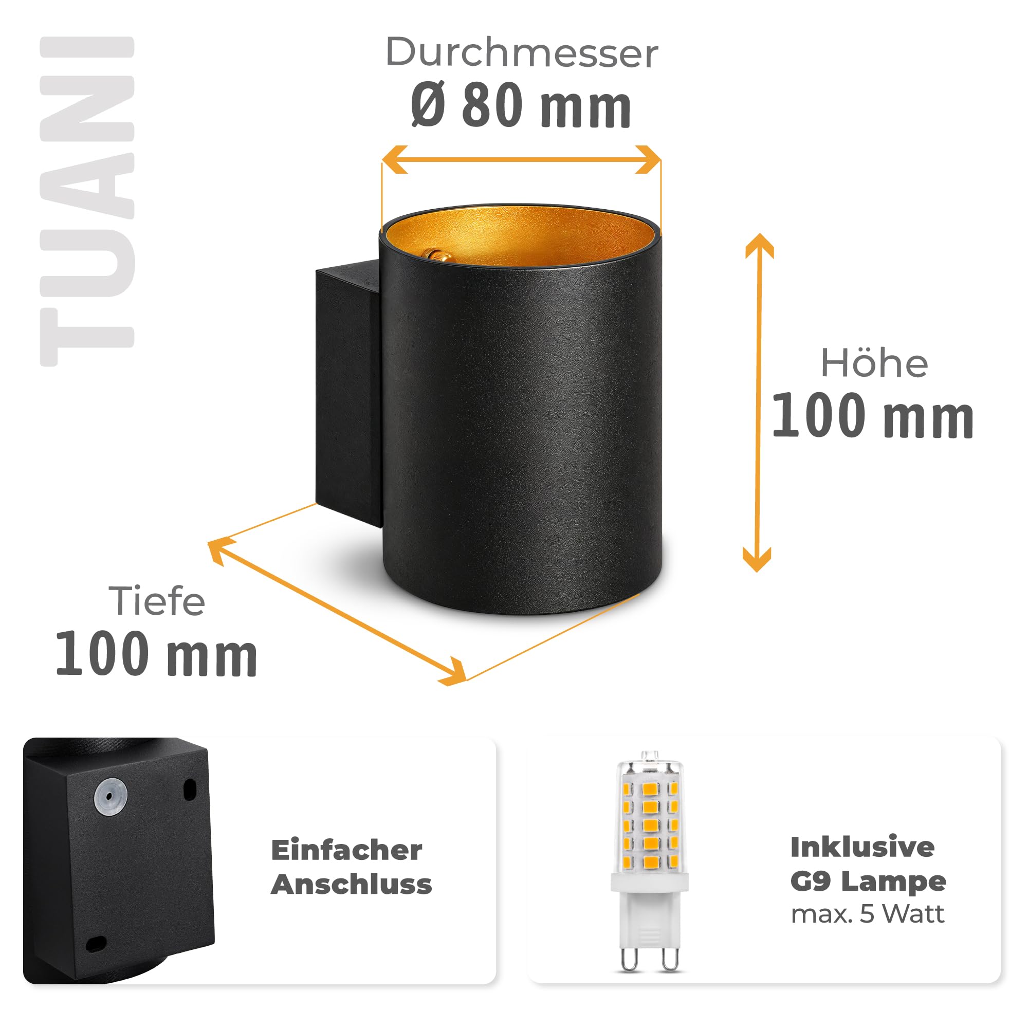 SSC-LUXon TUANI Wandstrahler 4er Set schwarz-gold G9 3W warmweiß dimmbar