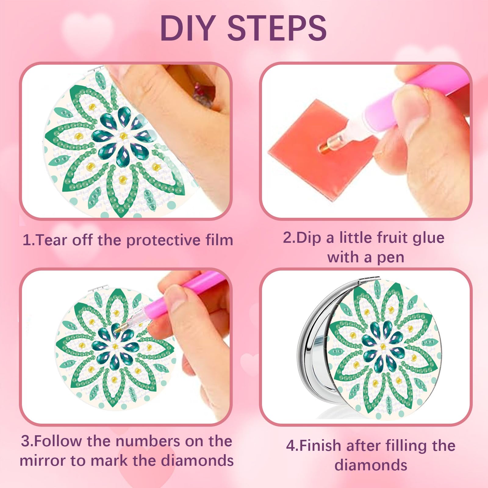 INFUNLY 6 Stück Diamant-Malerei-Taschenspiegel DIY-Diamant-Malen-Nach-Zahlen-Set Mandala-Blumen-Taschenspiegel Diamant-Malerei-Abdeckung Tragbarer Make-Up-Spiegel Vergrößerungs-Klappspiegel Für Damen