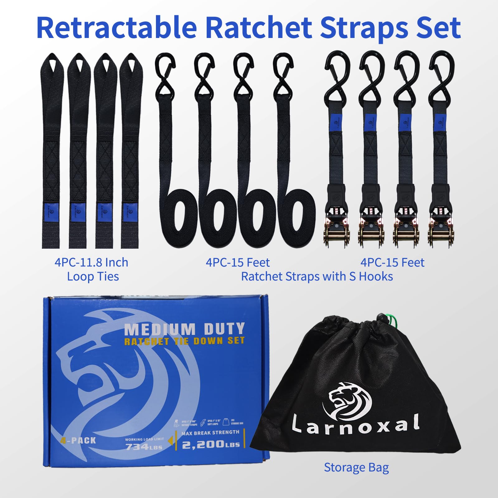 Einziehbare Ratschengurte, 4 Stück, 1 kg Bruchfestigkeit, 2,5 cm x 4,5 m, strapazierfähig, einziehbare Ratschen-Spanngurte mit S-Haken, Set für LKW, Transporter, Anhänger, Motorrad (schwarz)