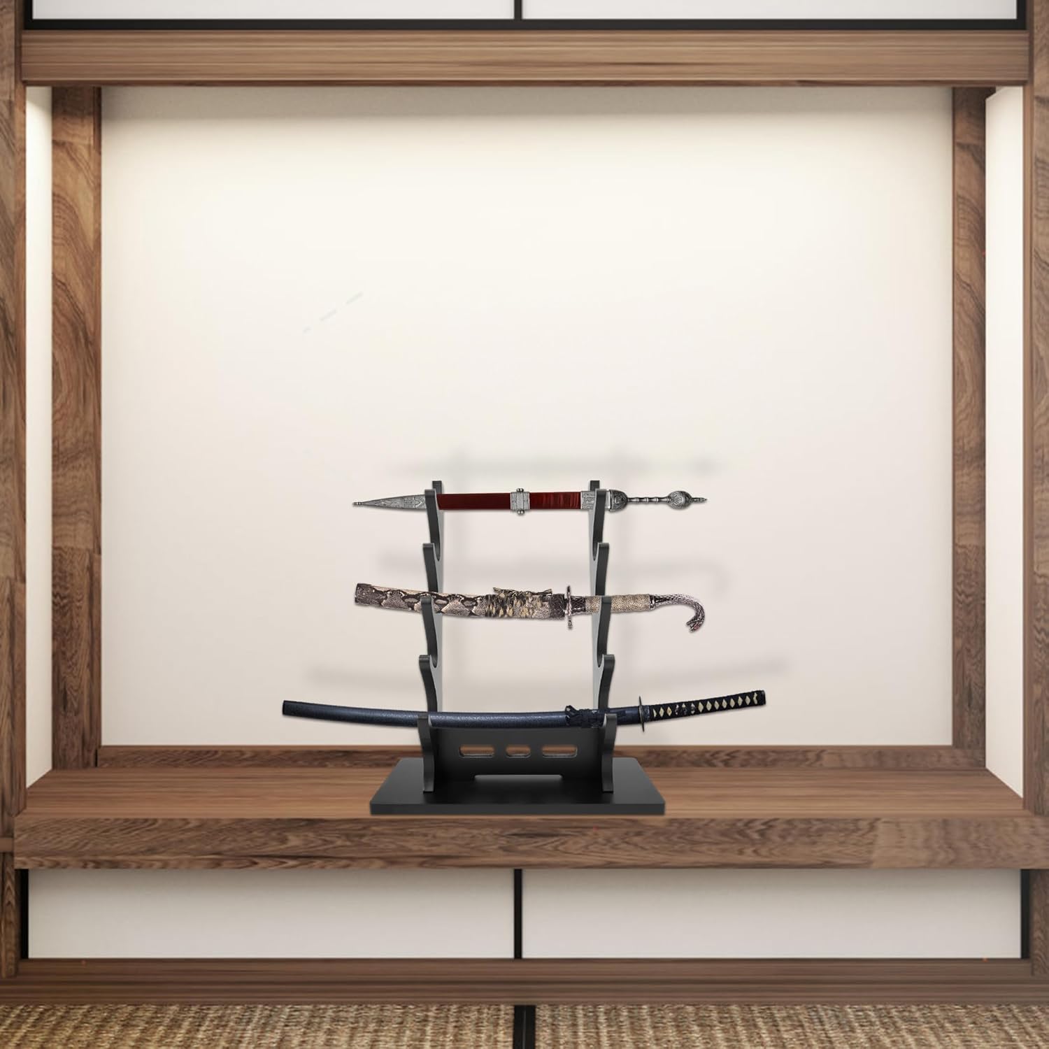 Sword Stand Display 5 Tier,Black Katana Stand Table,Samurai Sword Holder Stand Desktop,Wood Sword Rack for Katana Sword Tanto Rapier Genji Hanging