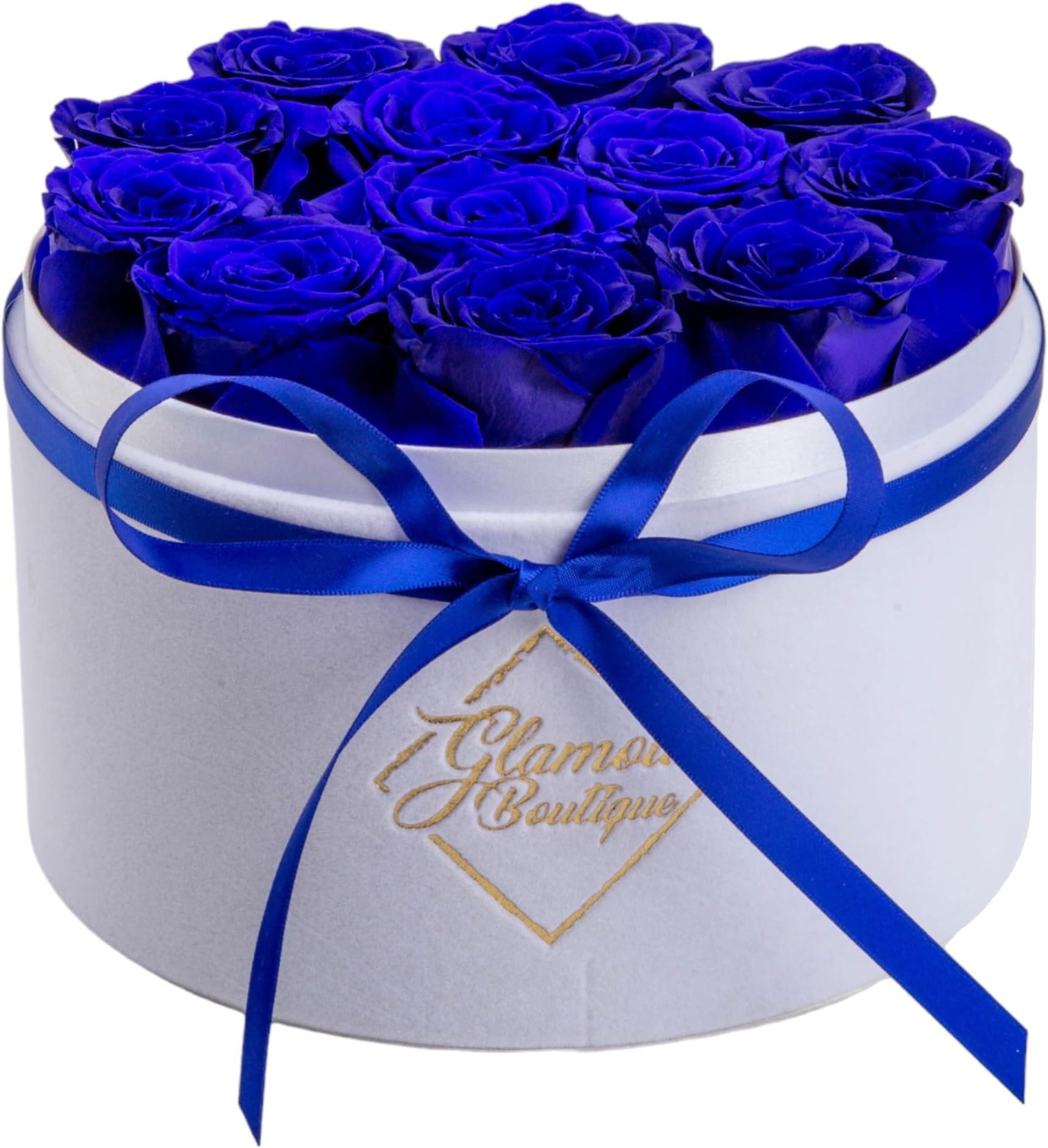 GLAMOUR BOUTIQUE Flowers Forever Gift Box, 12 Real Preserved Roses in Velvet White Box, Floral Gift for Wife, Mom or Her for Birthday, Mother’s Day, Anniversary or Graduation, Blue(Color-Treated)