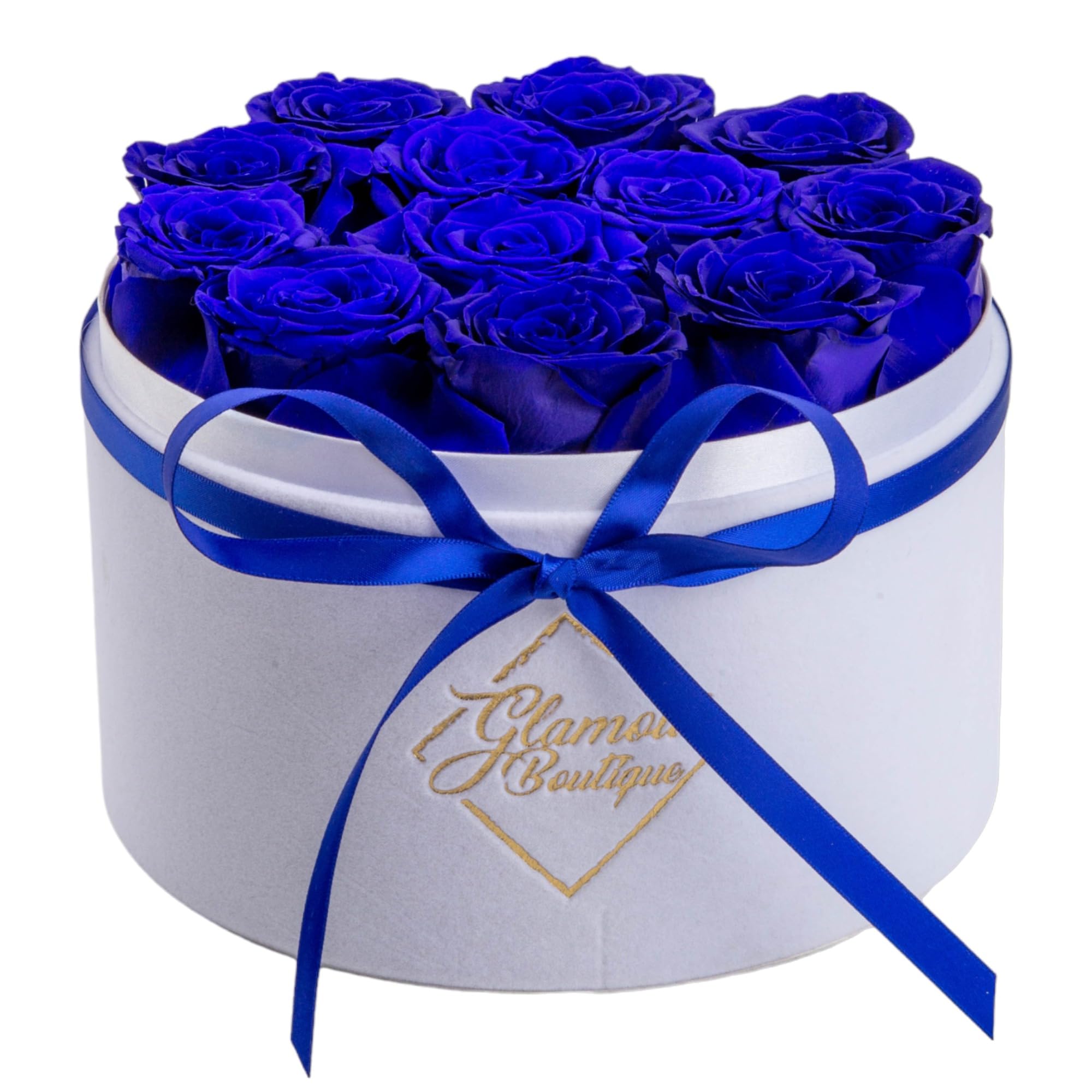 GLAMOUR BOUTIQUE Flower Forever Gift Box 12 Real Preserved Roses in Round Velvet White Box, Handmade, Rose Petals, Birthday, Marriage, Anniversary, Graduation - Blue