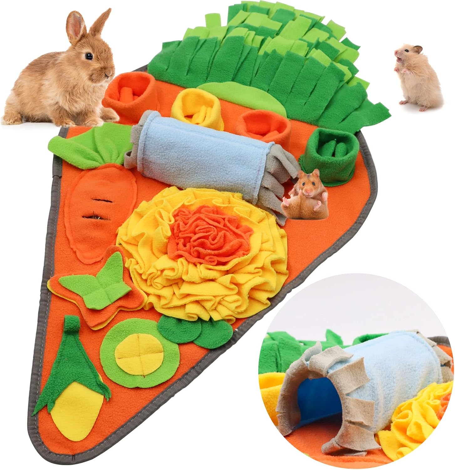 27 1/2" x 15 7/10" Rabbit Foraging Mat Toys, ZALALOVA Carrot Pattern Tunnel Shape Washable Polar Fleece Feeding Mat Treats Fun Game…