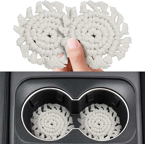 Portavasos para automóvil, paquete de 2, posavasos de algodón para portavasos de automóvil, soporte de macramé bohemio, accesorios para interiores