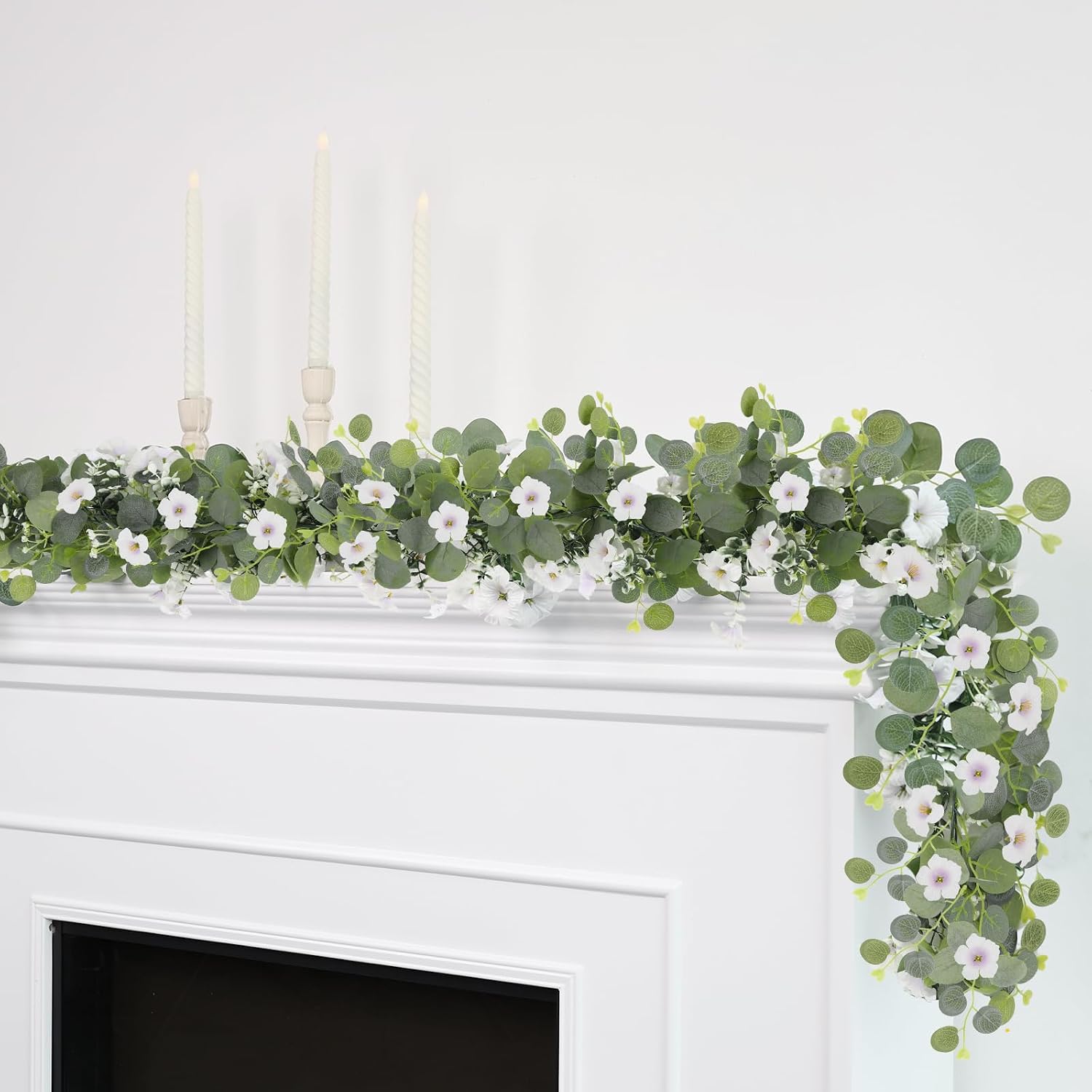 Artificial Eucalyptus Garland with Morning Glory Flowers, 4 Pack Faux Eucalyptus Leaves Greenery Garland Hanging Vines for Wedding Party Backdrop Mantle Table Arch Wall Decor, 6 FT Indoor Outdoor